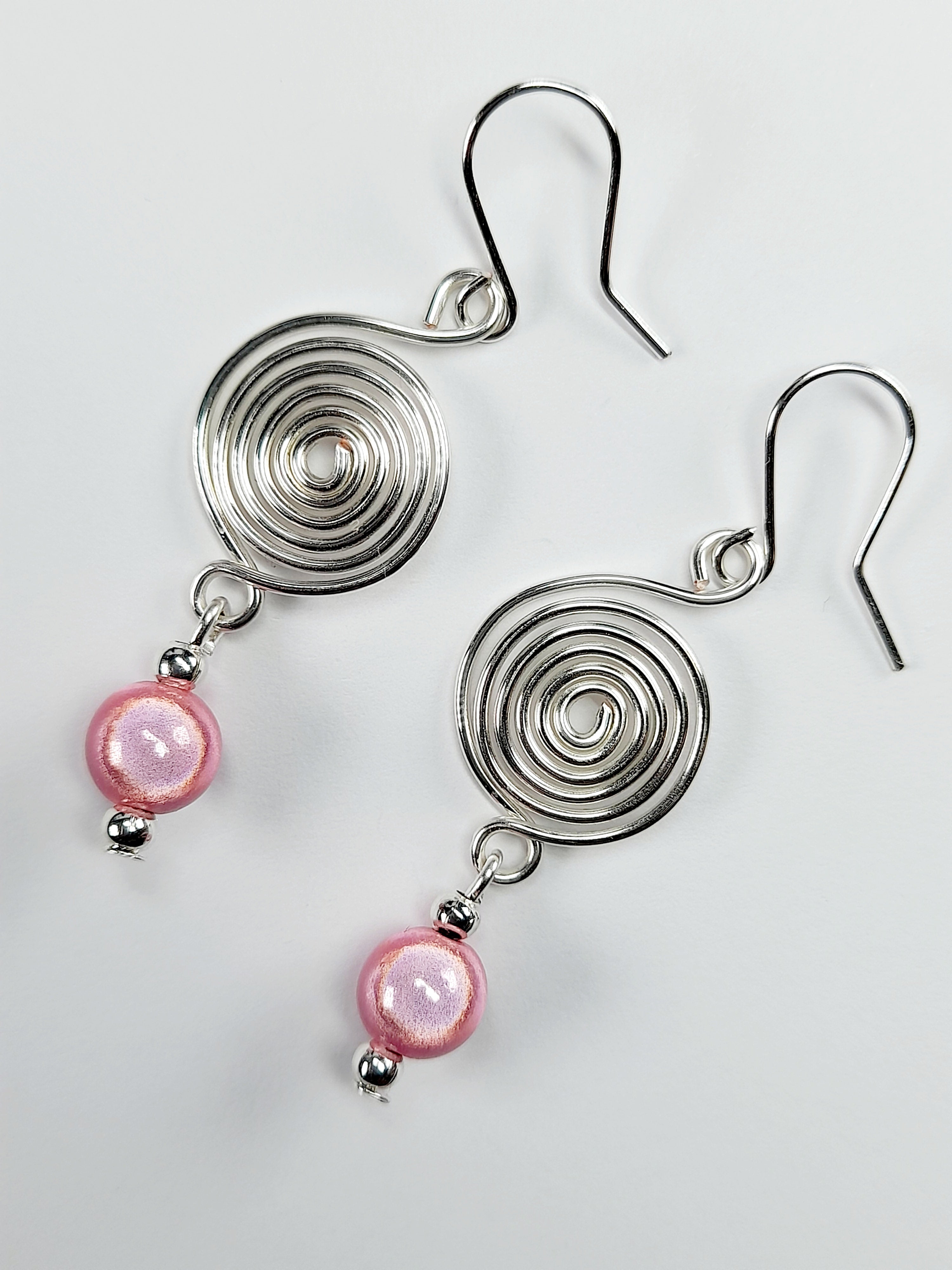 Handmade Silver & Pale Pink Spiral Earrings