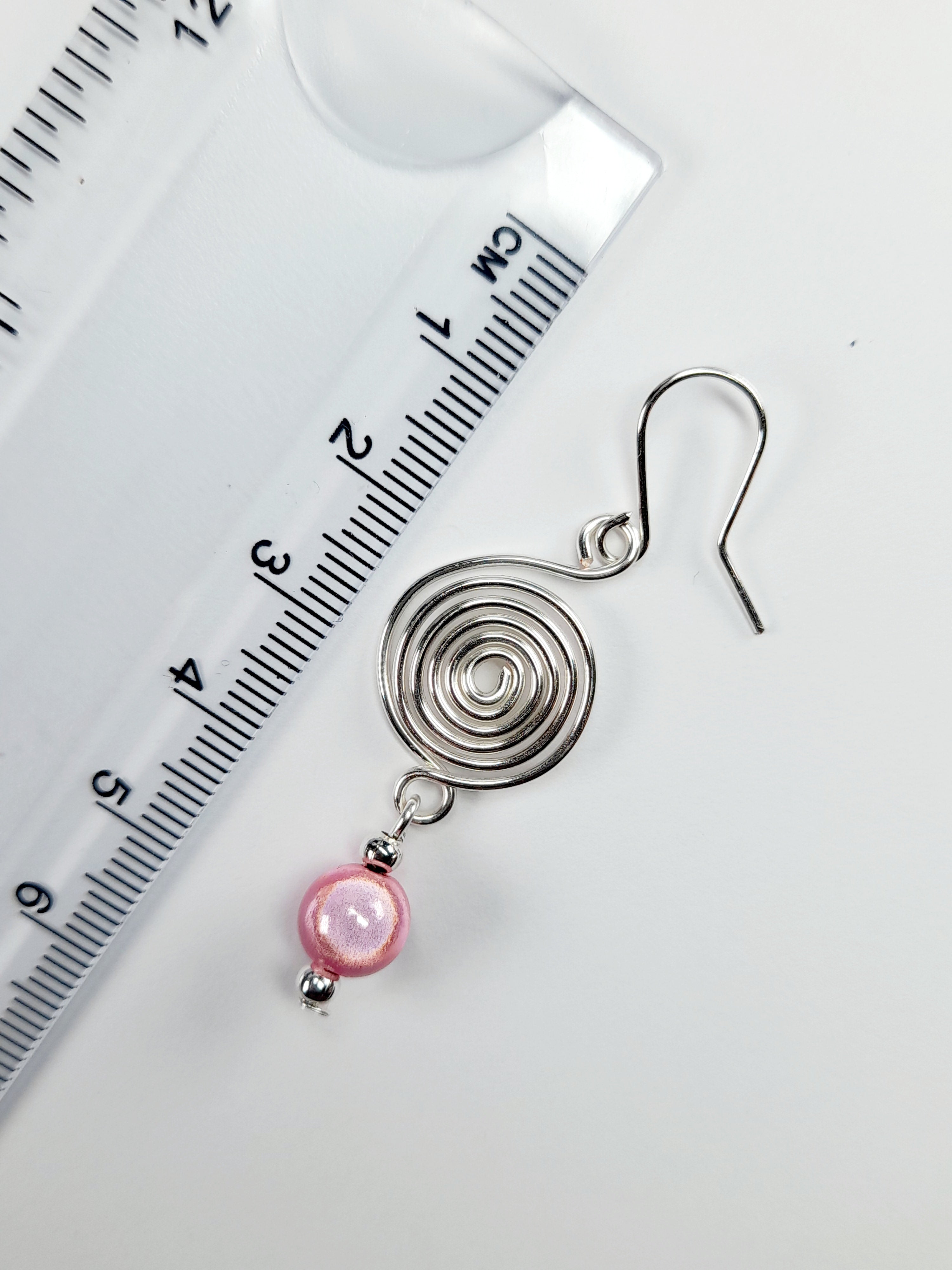 Handmade Silver & Pale Pink Spiral Earrings