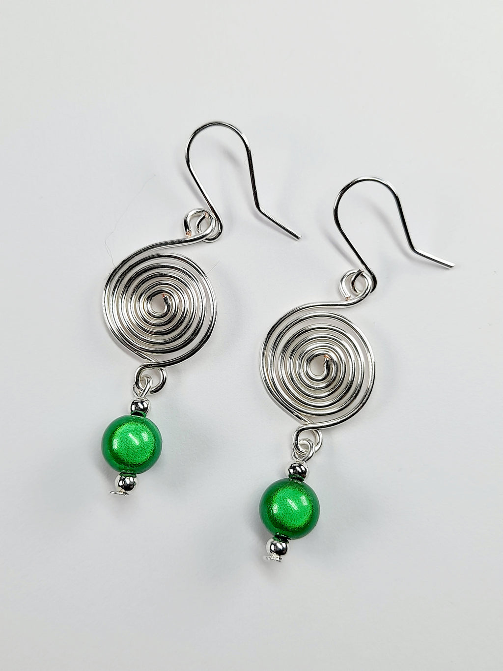Handmade Silver & Green Spiral Earrings