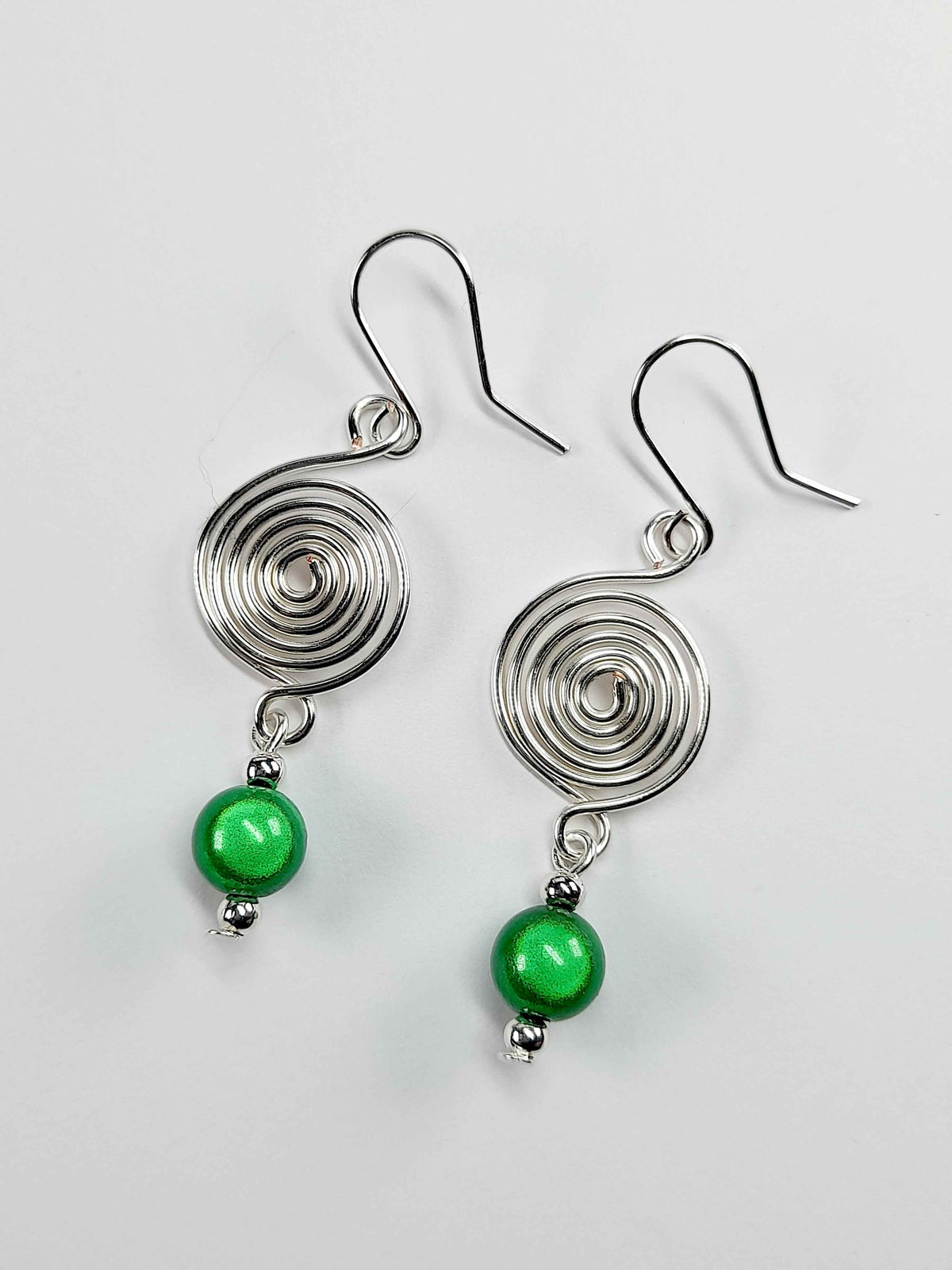 Handmade Silver & Green Spiral Earrings