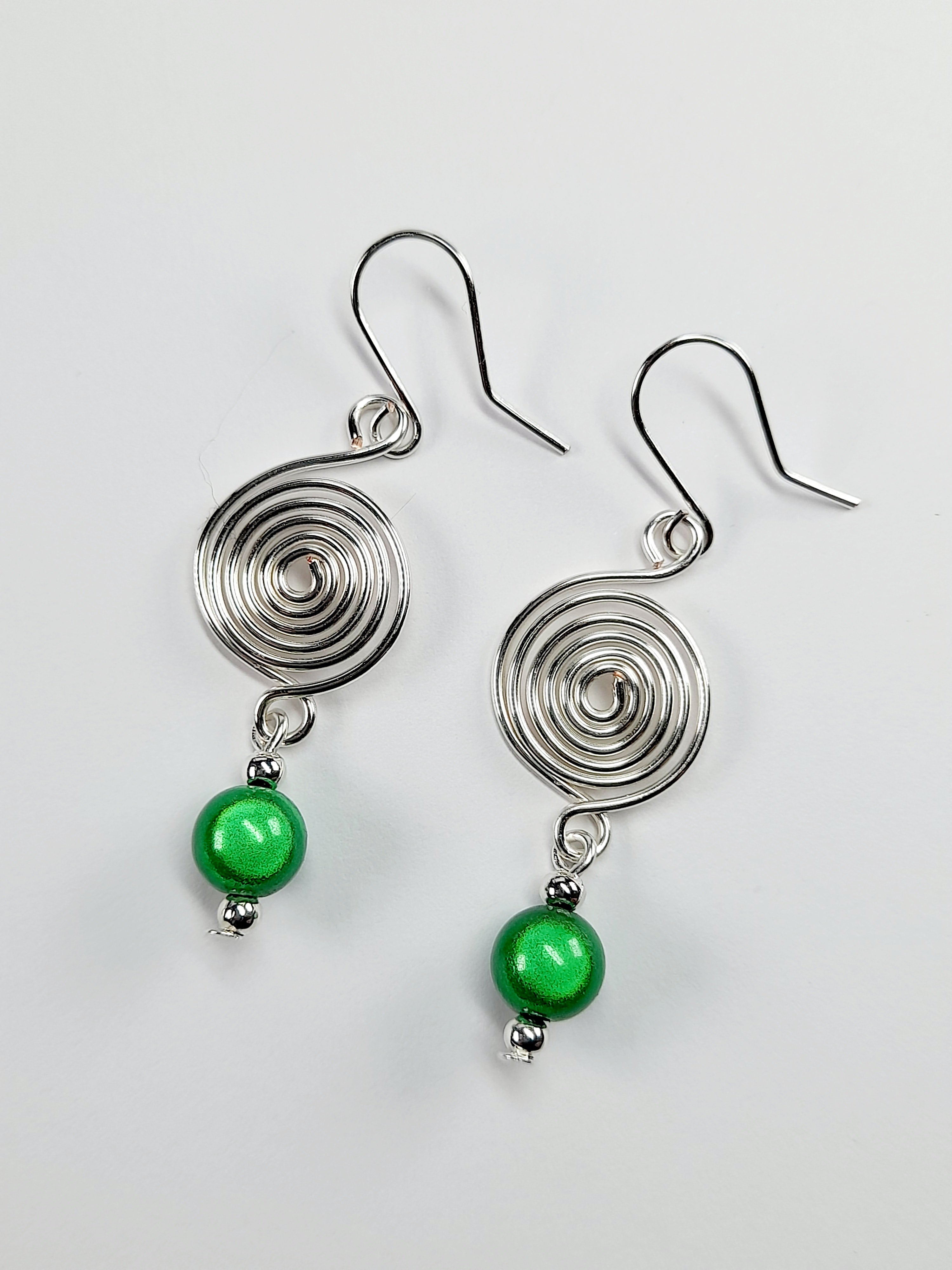 Handmade Silver & Green Spiral Earrings
