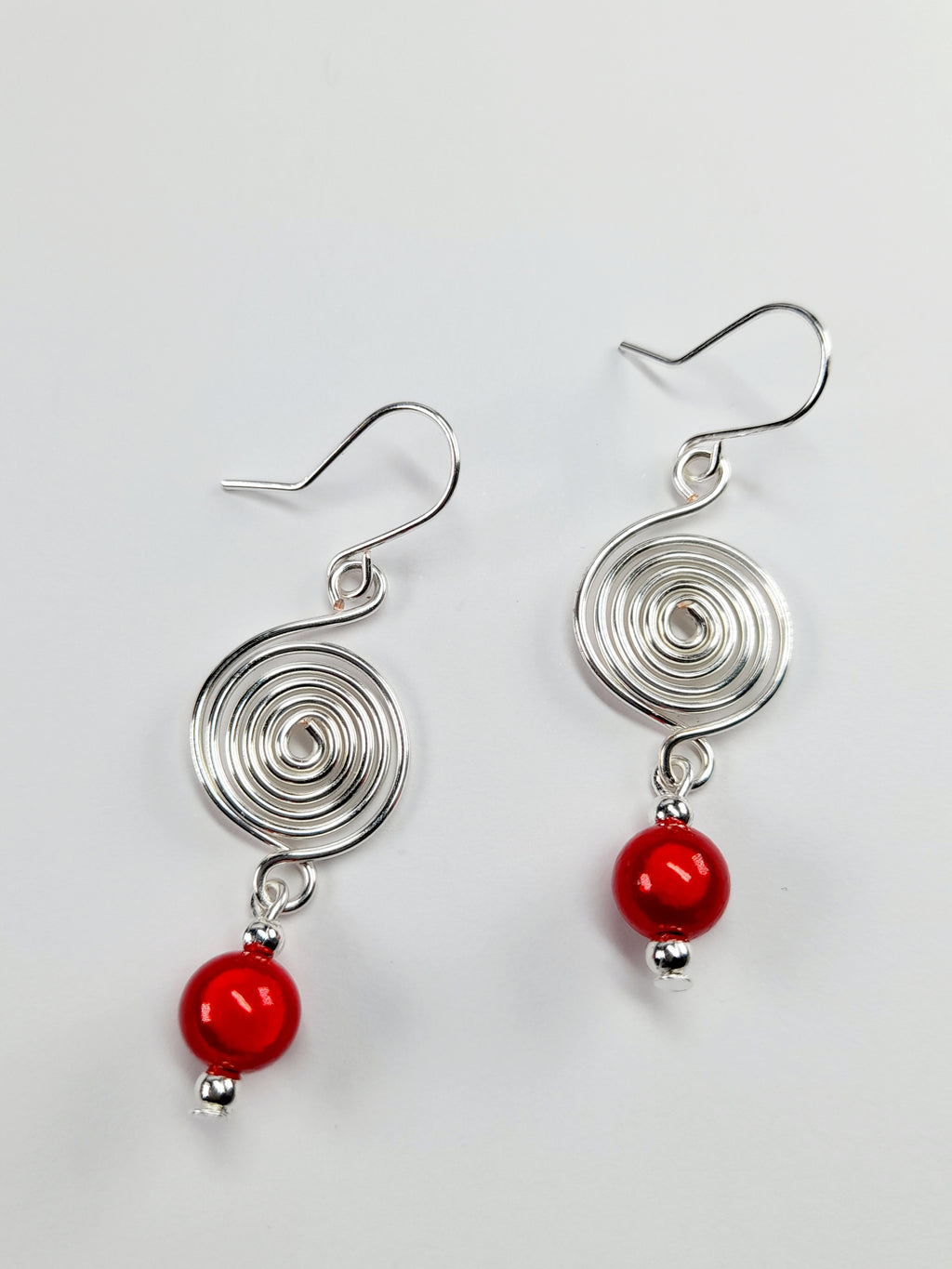 Handmade Silver & Red Spiral Earrings