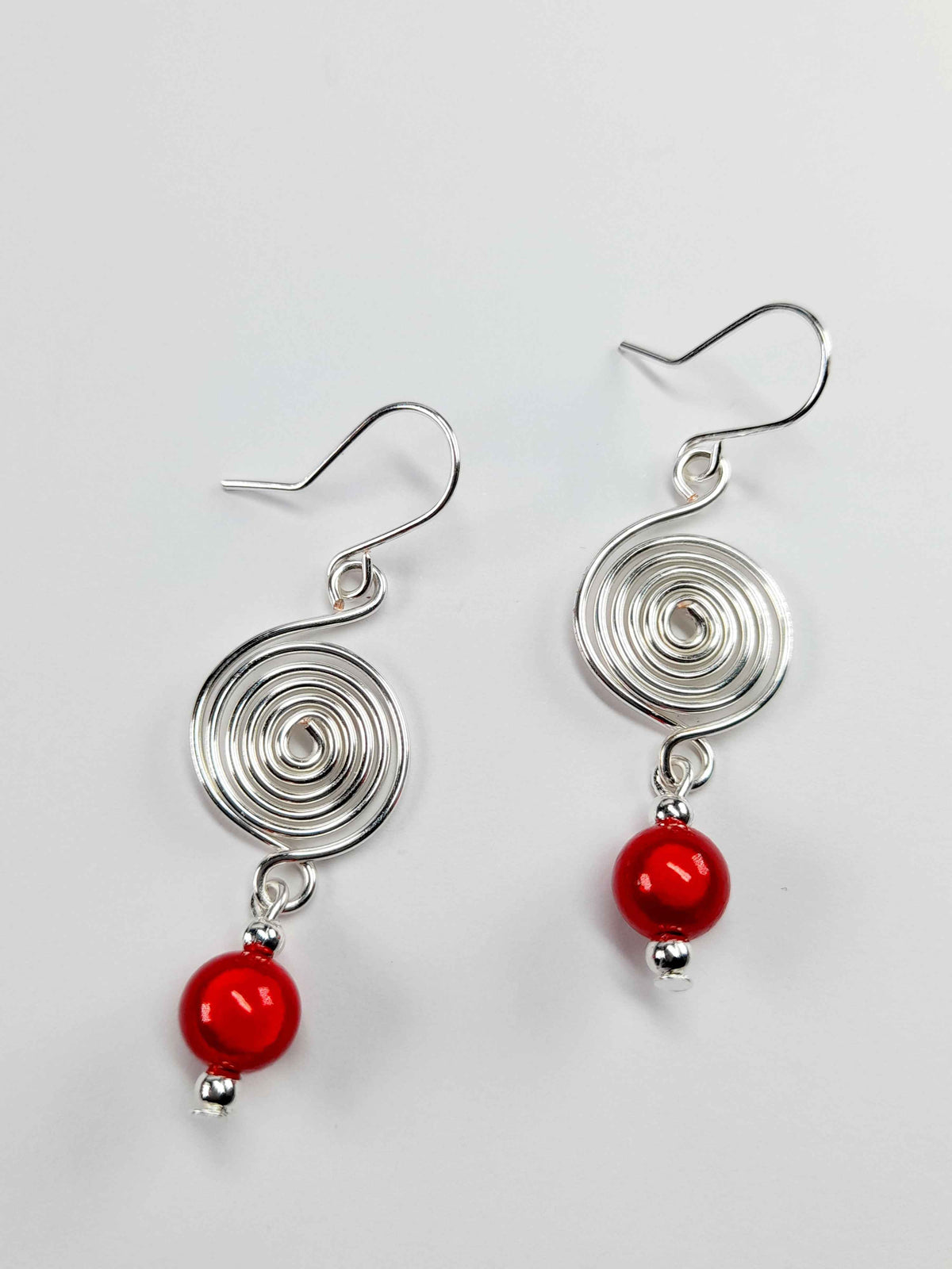 Handmade Silver & Red Spiral Earrings