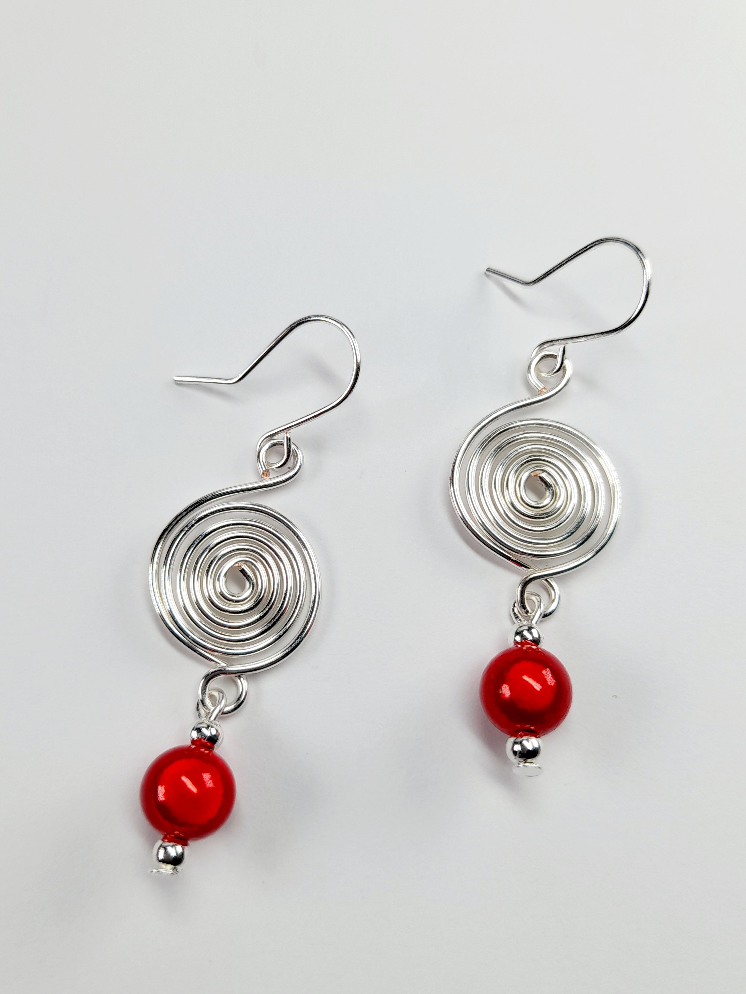 Handmade Silver & Red Spiral Earrings