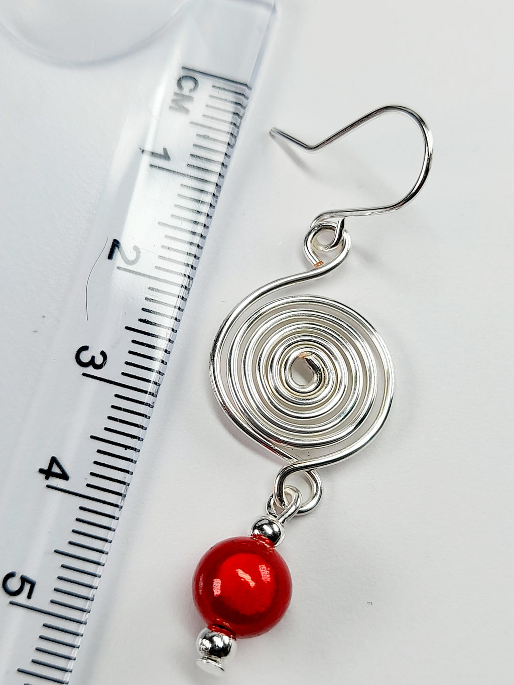 Handmade Silver & Red Spiral Earrings