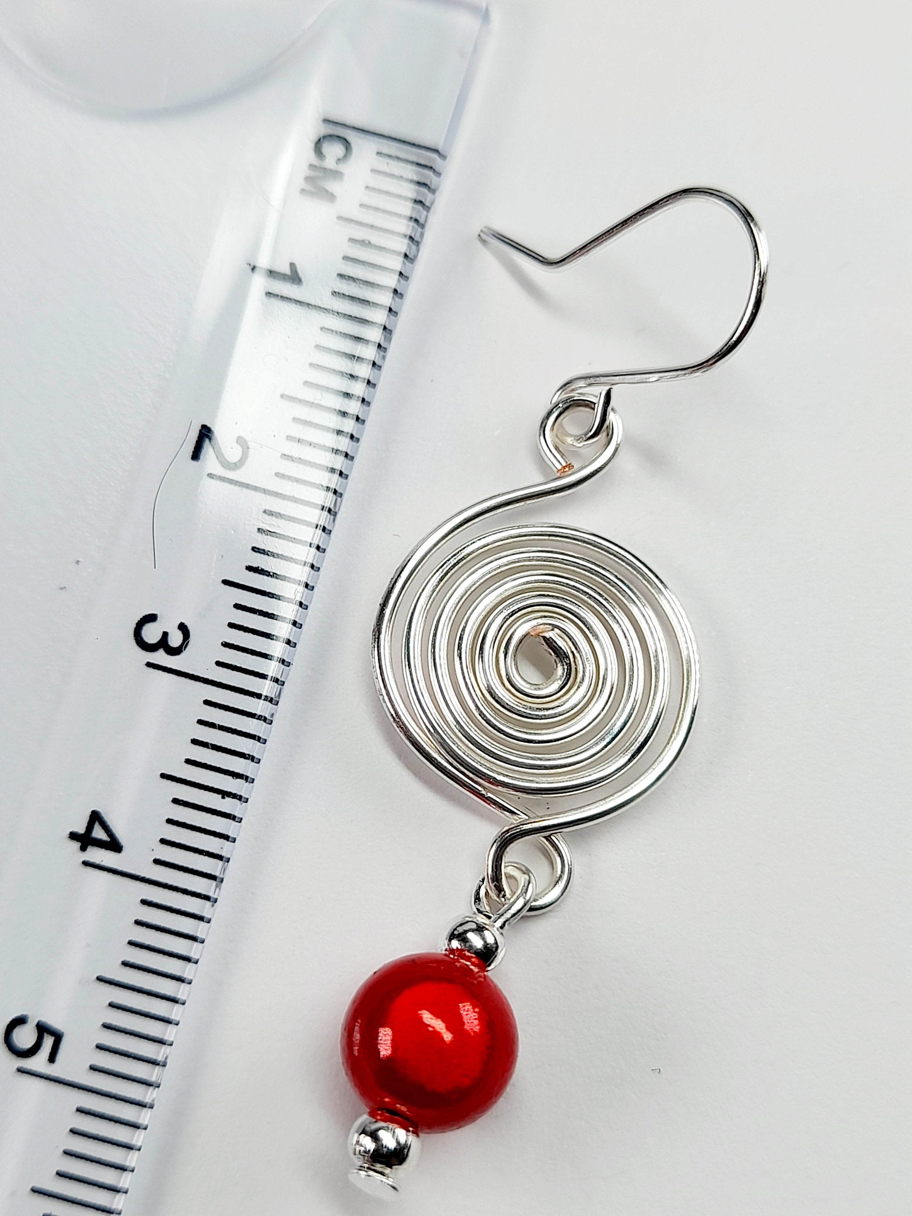 Handmade Silver & Red Spiral Earrings