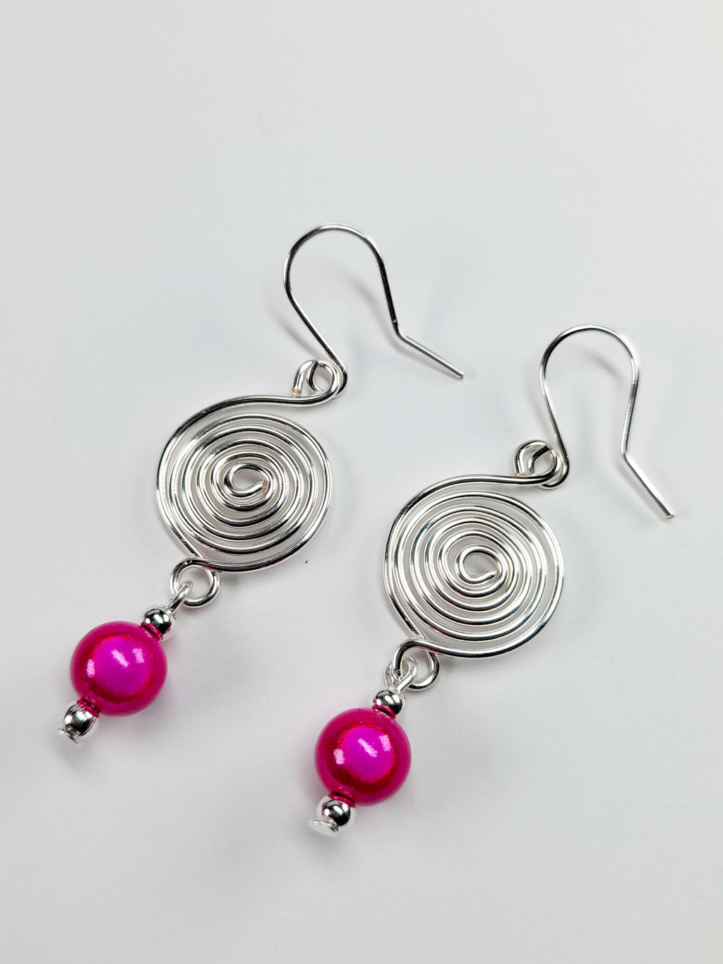 Handmade Silver & Hot Pink Spiral Earrings