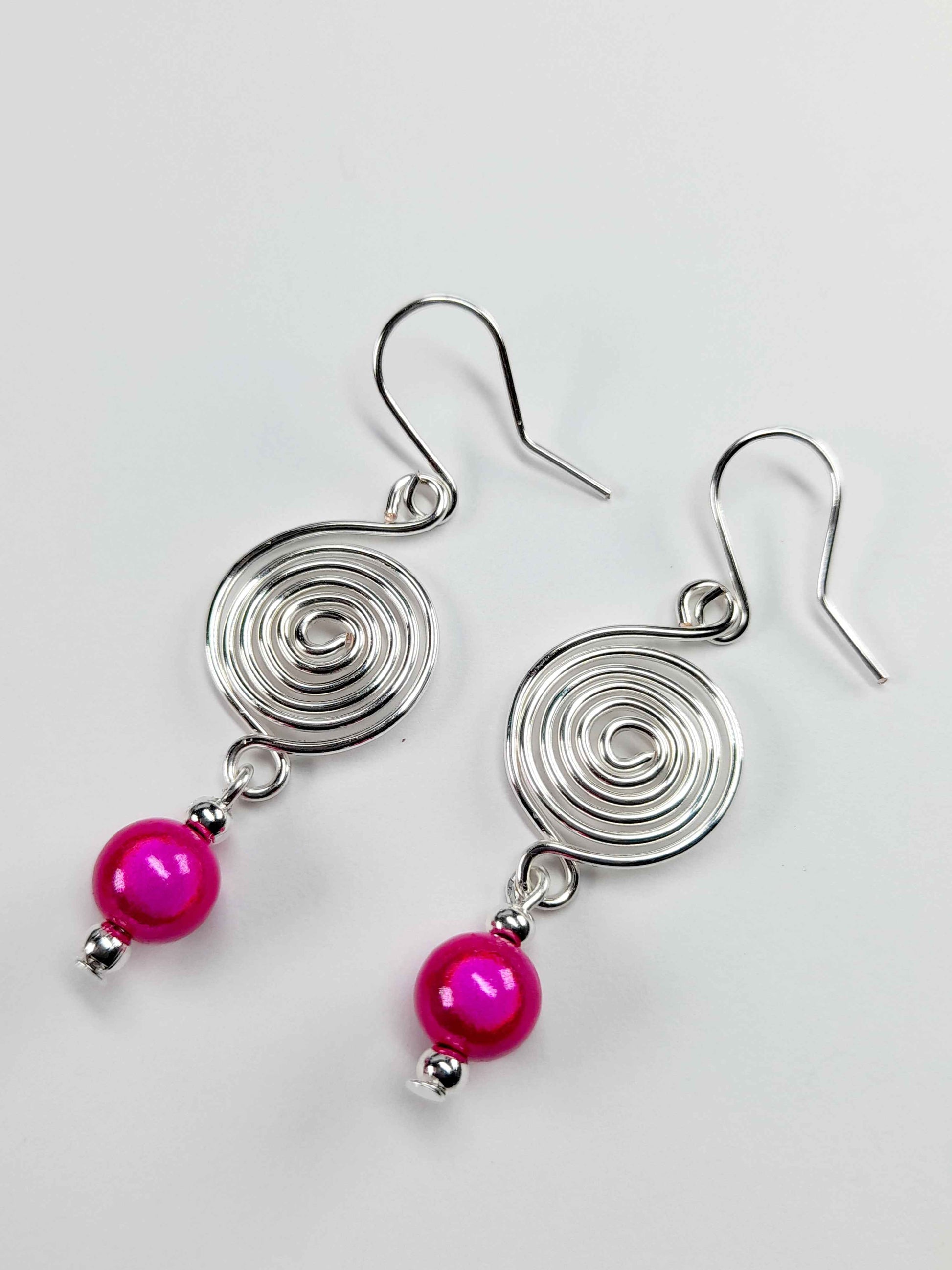 Handmade Silver & Hot Pink Spiral Earrings