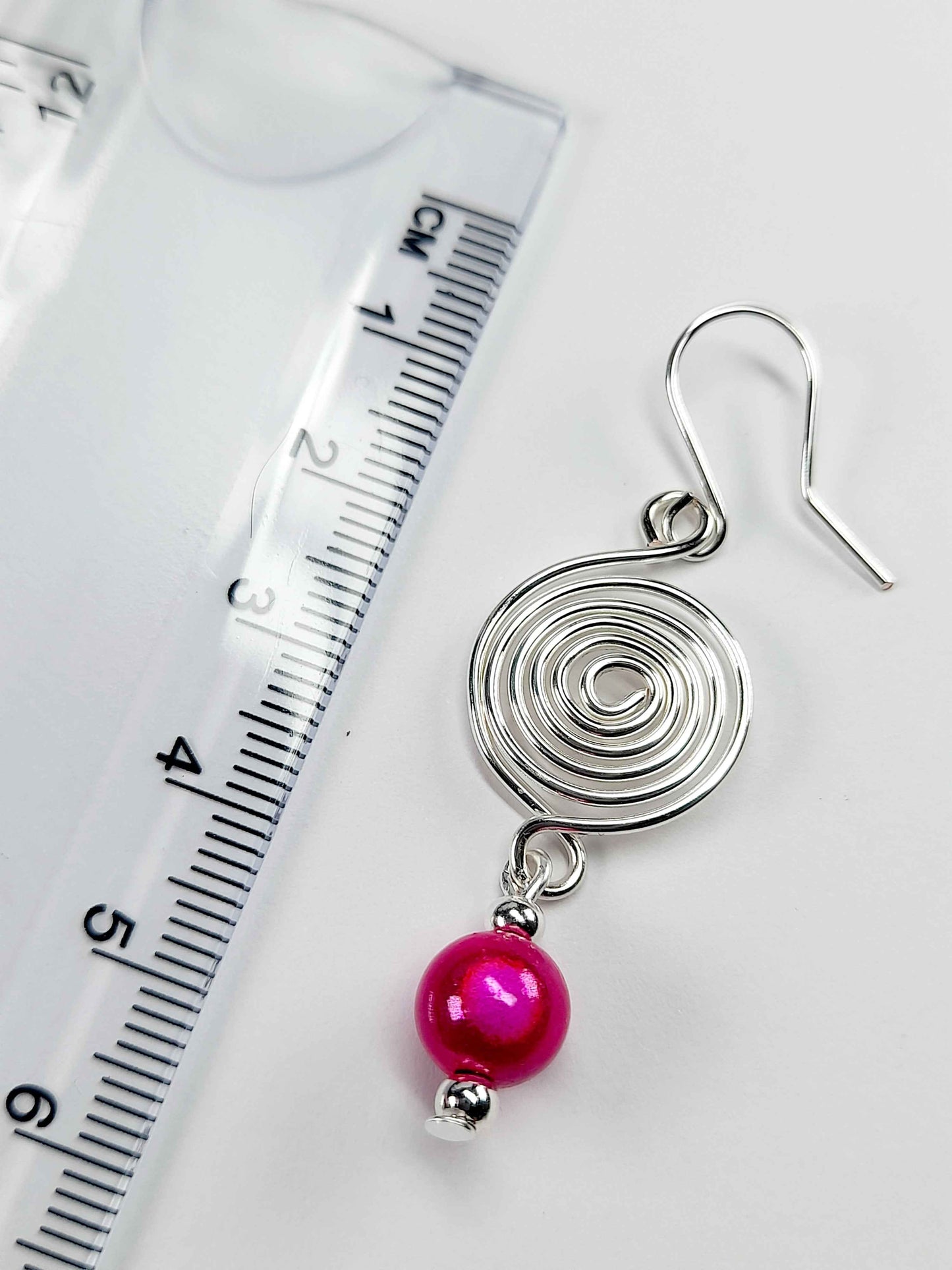 Handmade Silver & Hot Pink Spiral Earrings