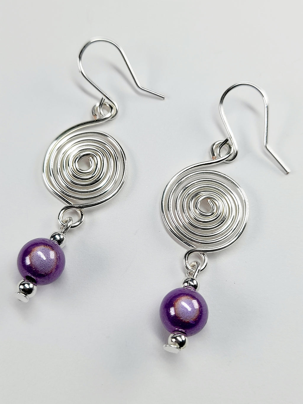 Handmade Silver & Lilac Spiral Earrings