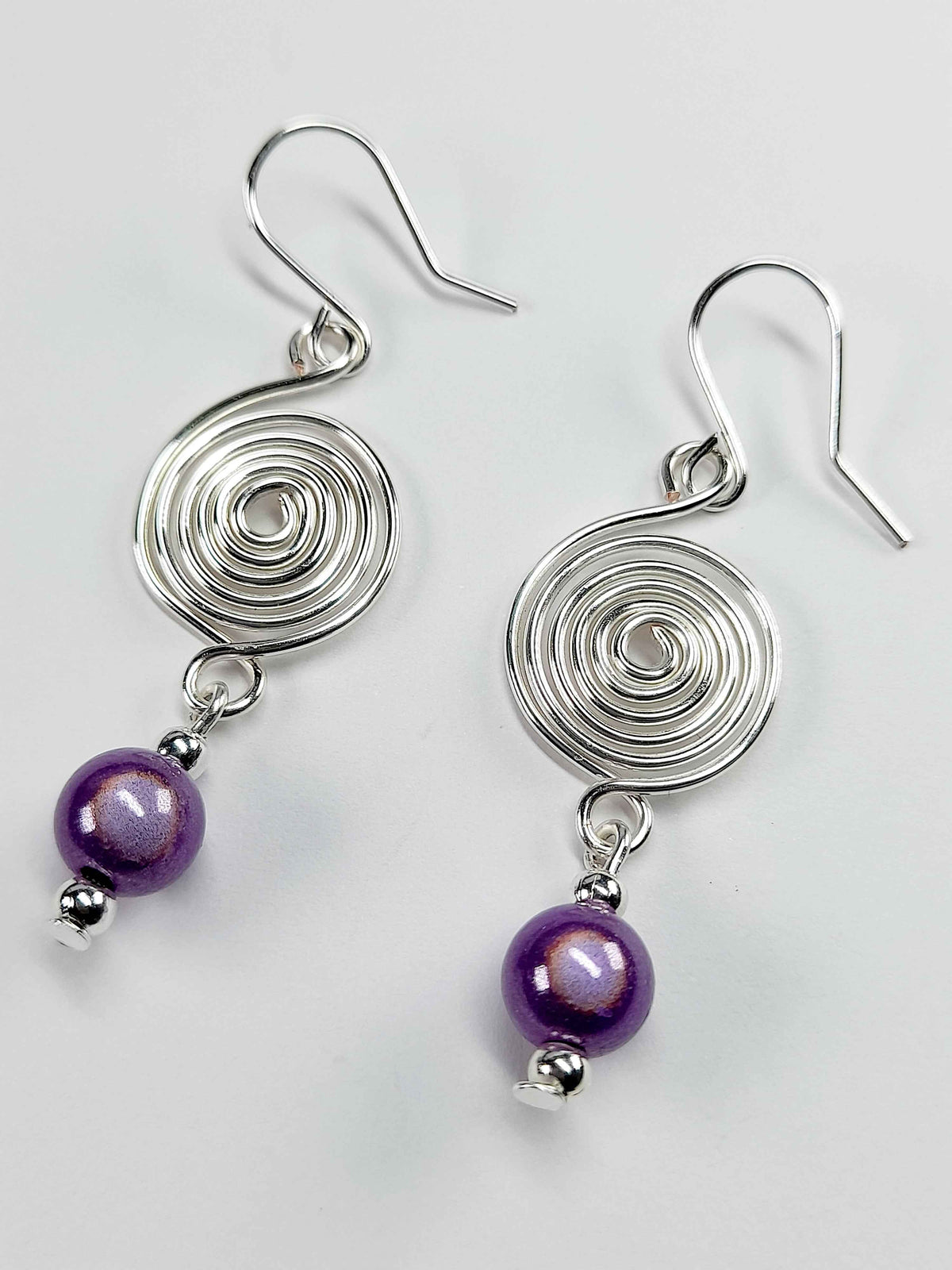 Handmade Silver & Lilac Spiral Earrings