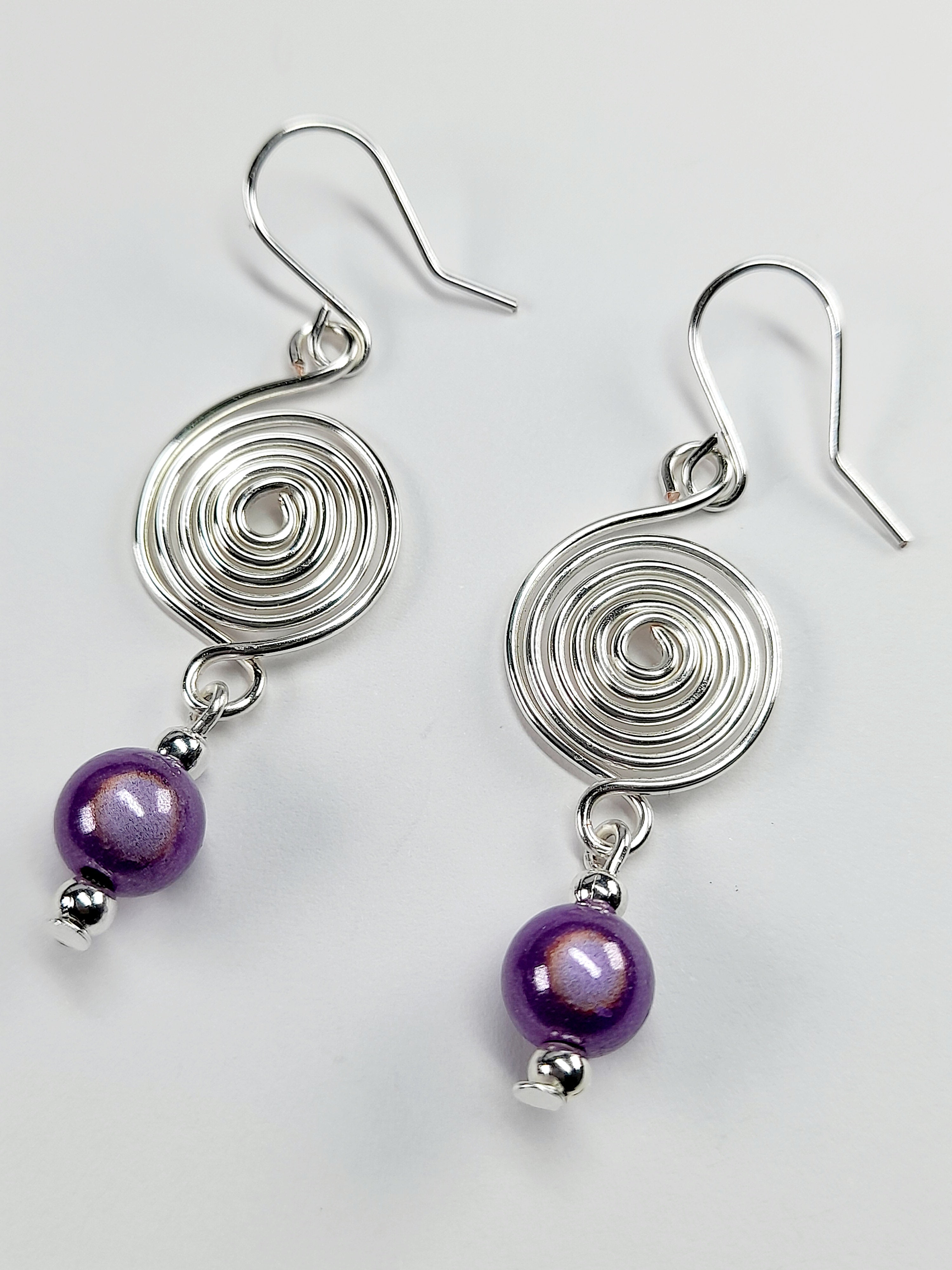 Handmade Silver & Lilac Spiral Earrings
