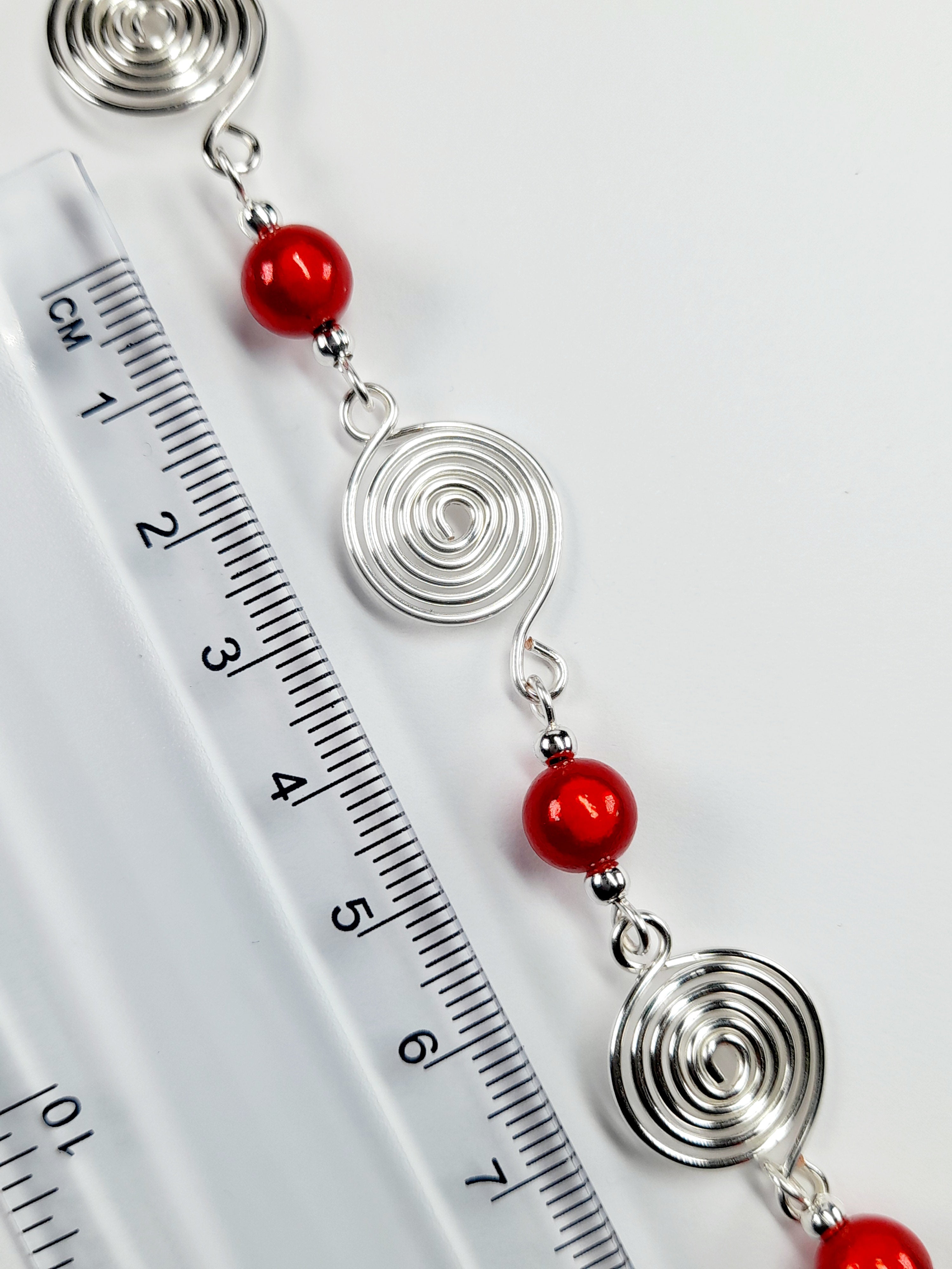 Dainty Silver Spiral & Red Bead Bracelet – Handmade Adjustable Design