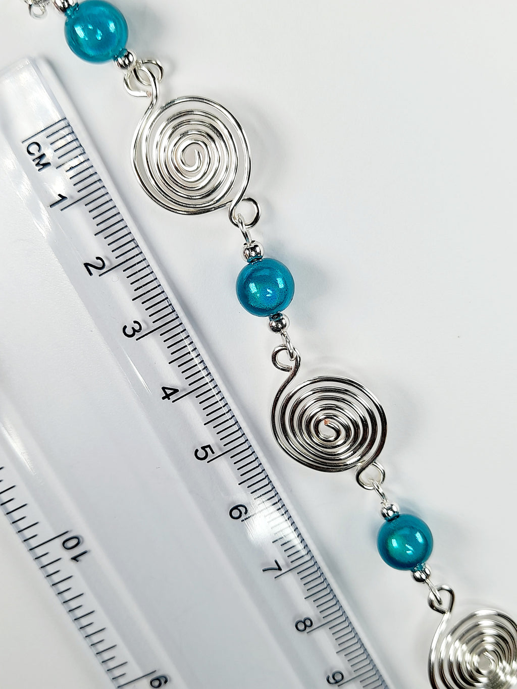 Dainty Silver Spiral & Turquoise Bead Bracelet – Handmade Adjustable Design
