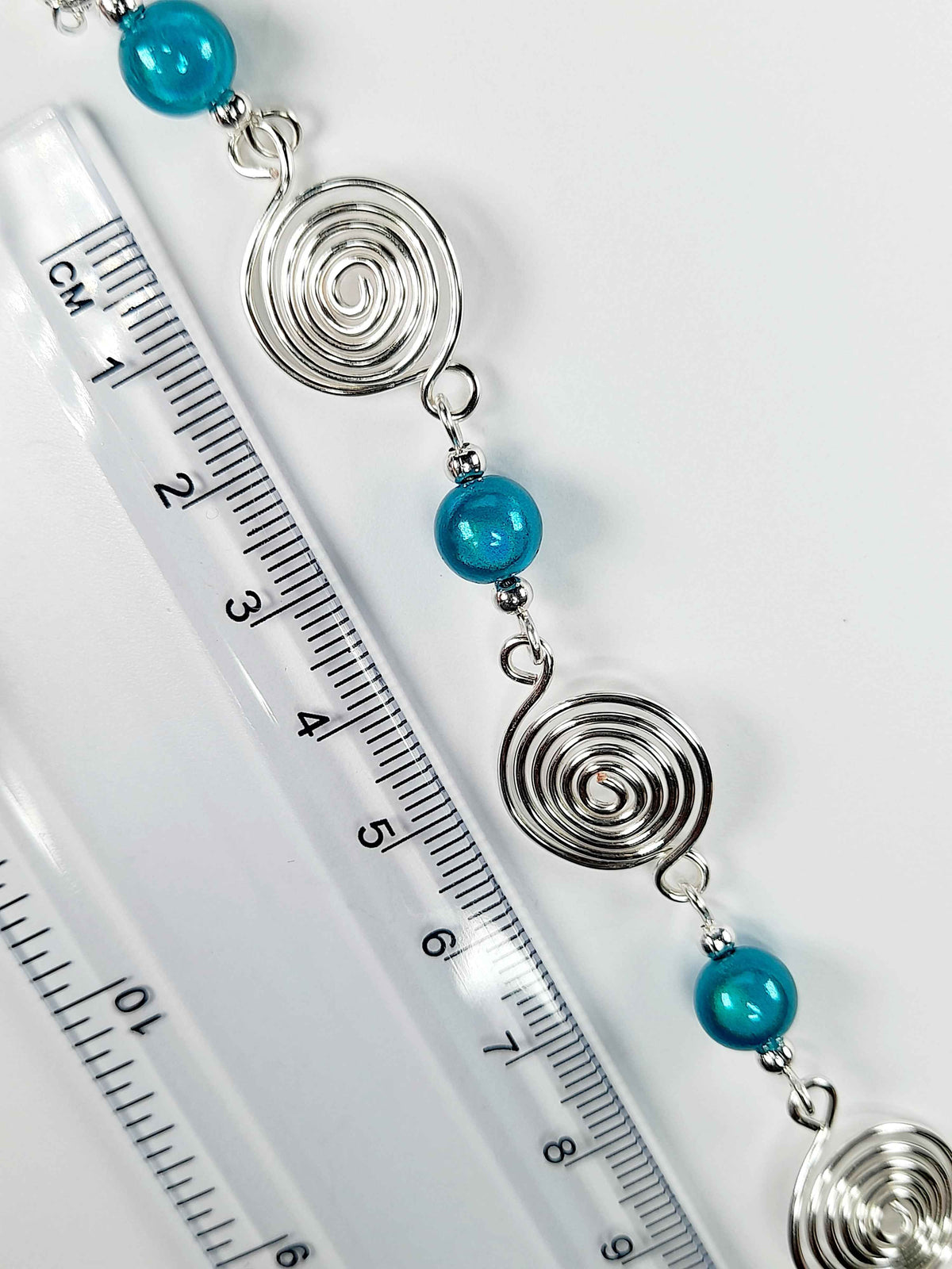 Dainty Silver Spiral & Turquoise Bead Bracelet – Handmade Adjustable Design