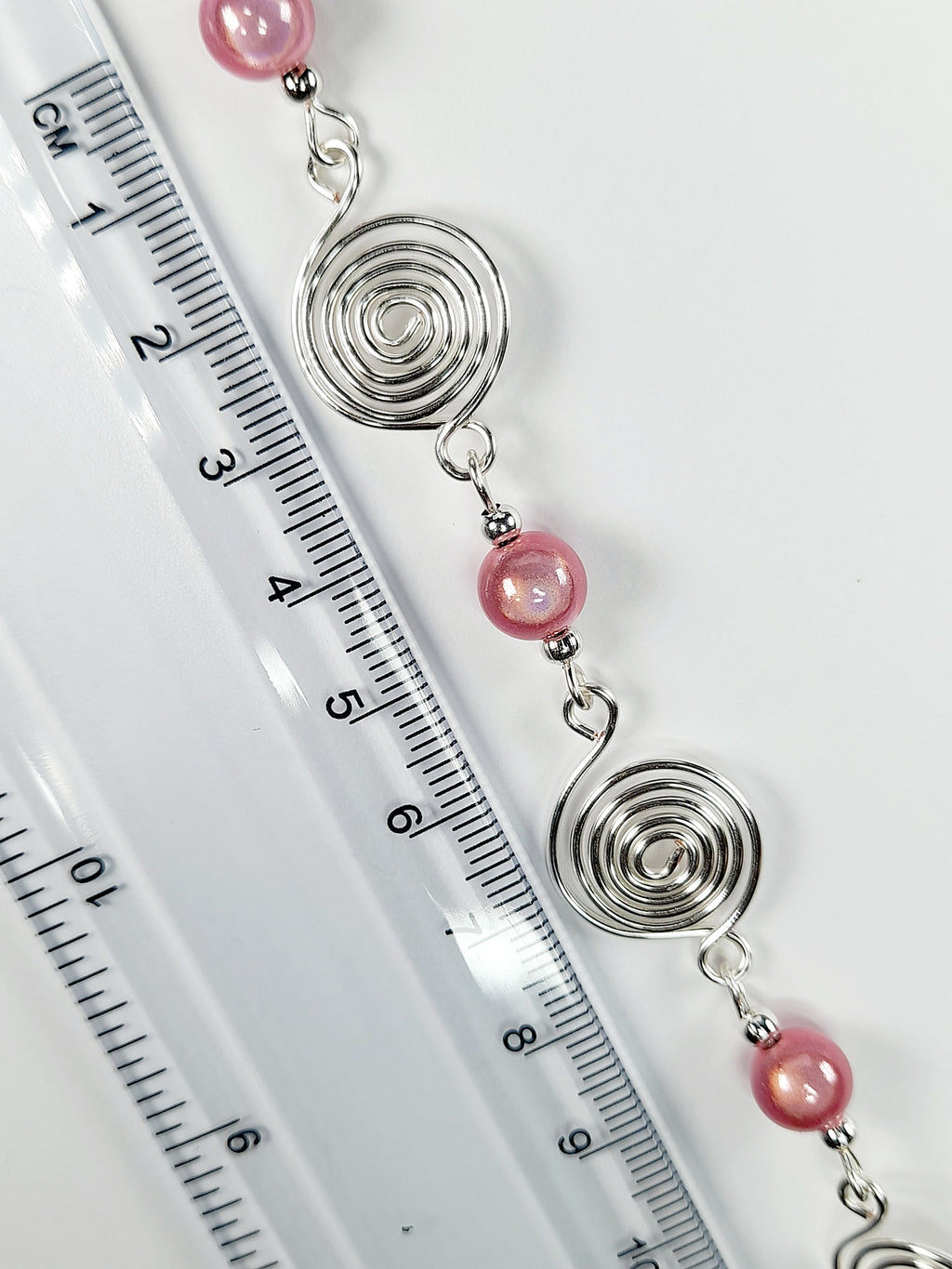 Dainty Silver Spiral & Pale Pink Bead Bracelet – Handmade Adjustable Design