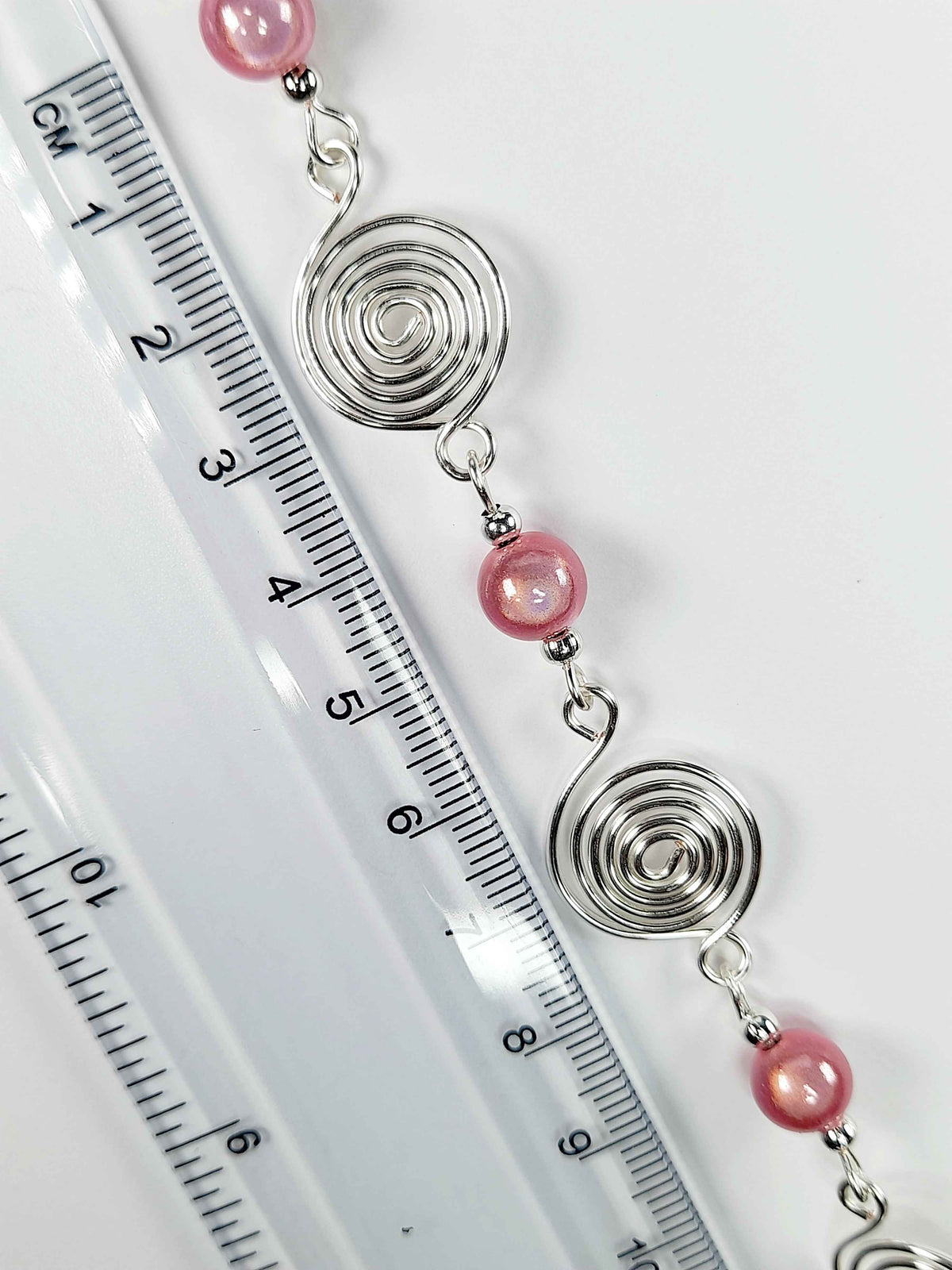 Dainty Silver Spiral & Pale Pink Bead Bracelet – Handmade Adjustable Design