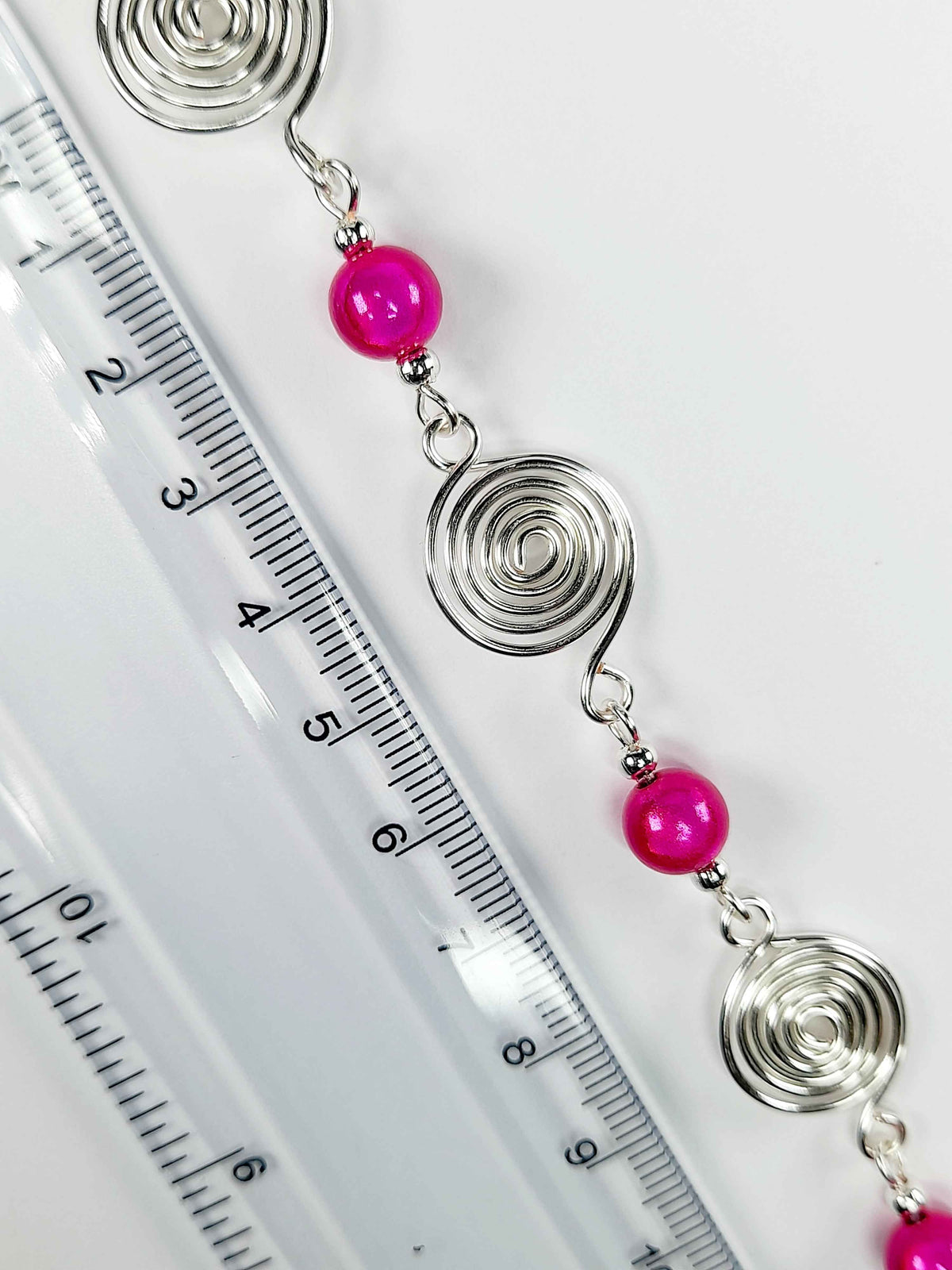 Dainty Silver Spiral & Hot Pink Bead Bracelet – Handmade Adjustable Design