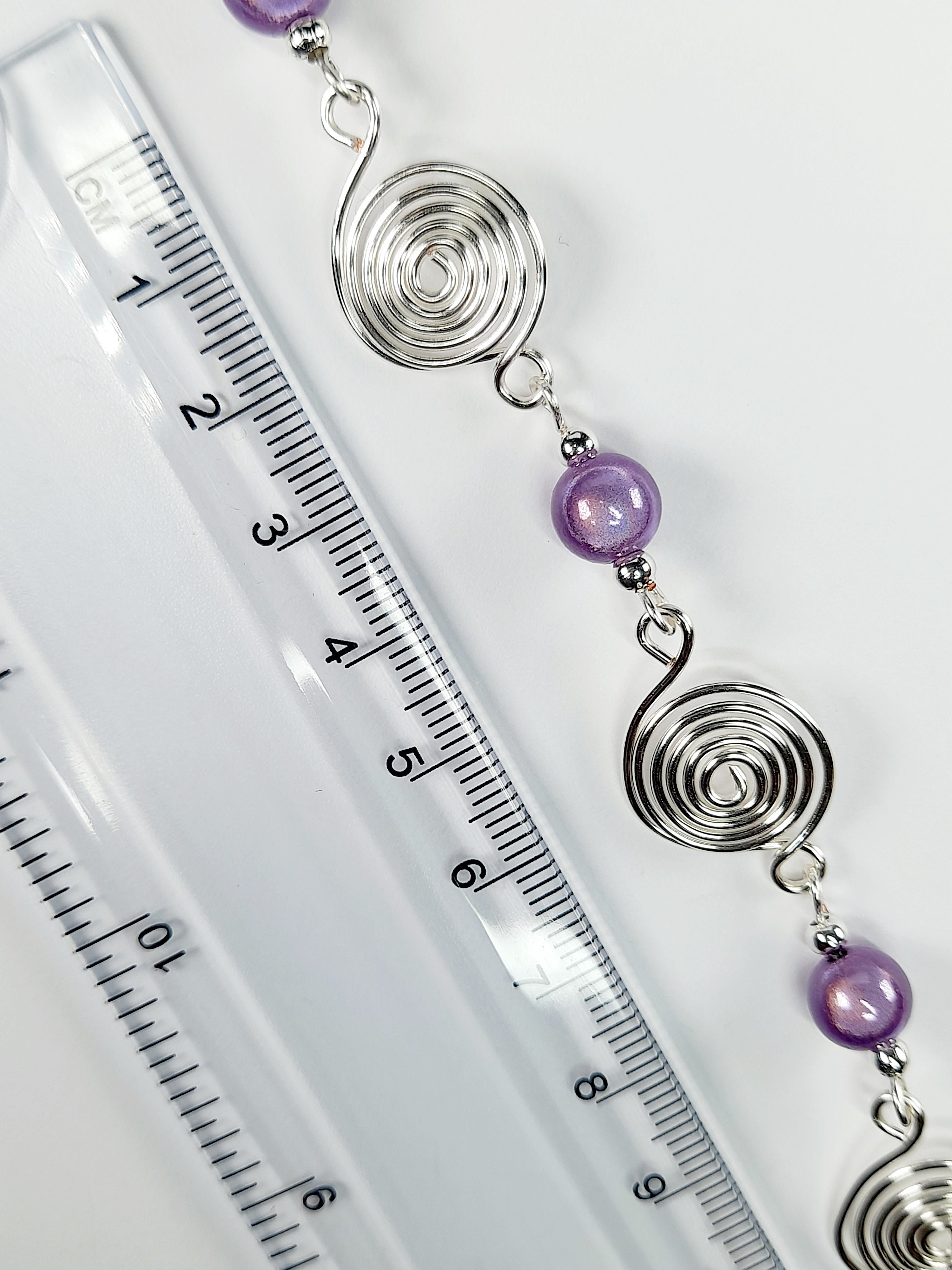 Dainty Silver Spiral & Lilac Bead Bracelet – Handmade Adjustable Design