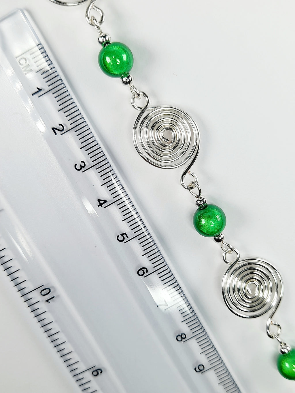 Dainty Silver Spiral & Green Bead Bracelet – Handmade Adjustable Design