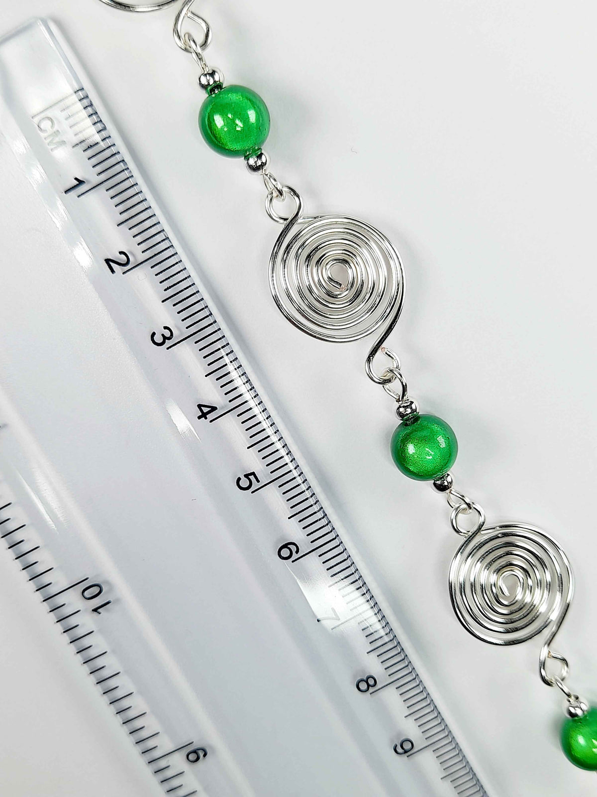 Dainty Silver Spiral & Green Bead Bracelet – Handmade Adjustable Design