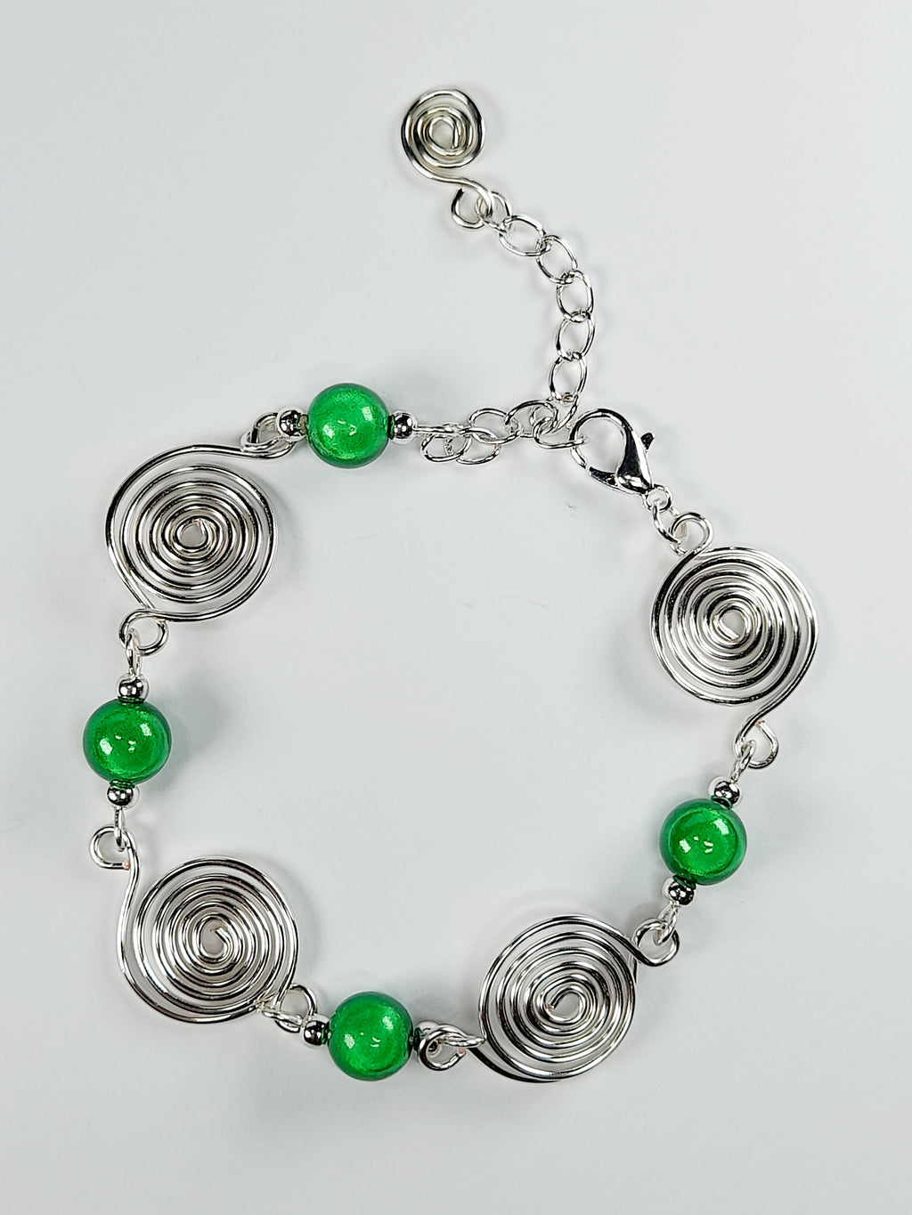 Dainty Silver Spiral & Green Bead Bracelet – Handmade Adjustable Design