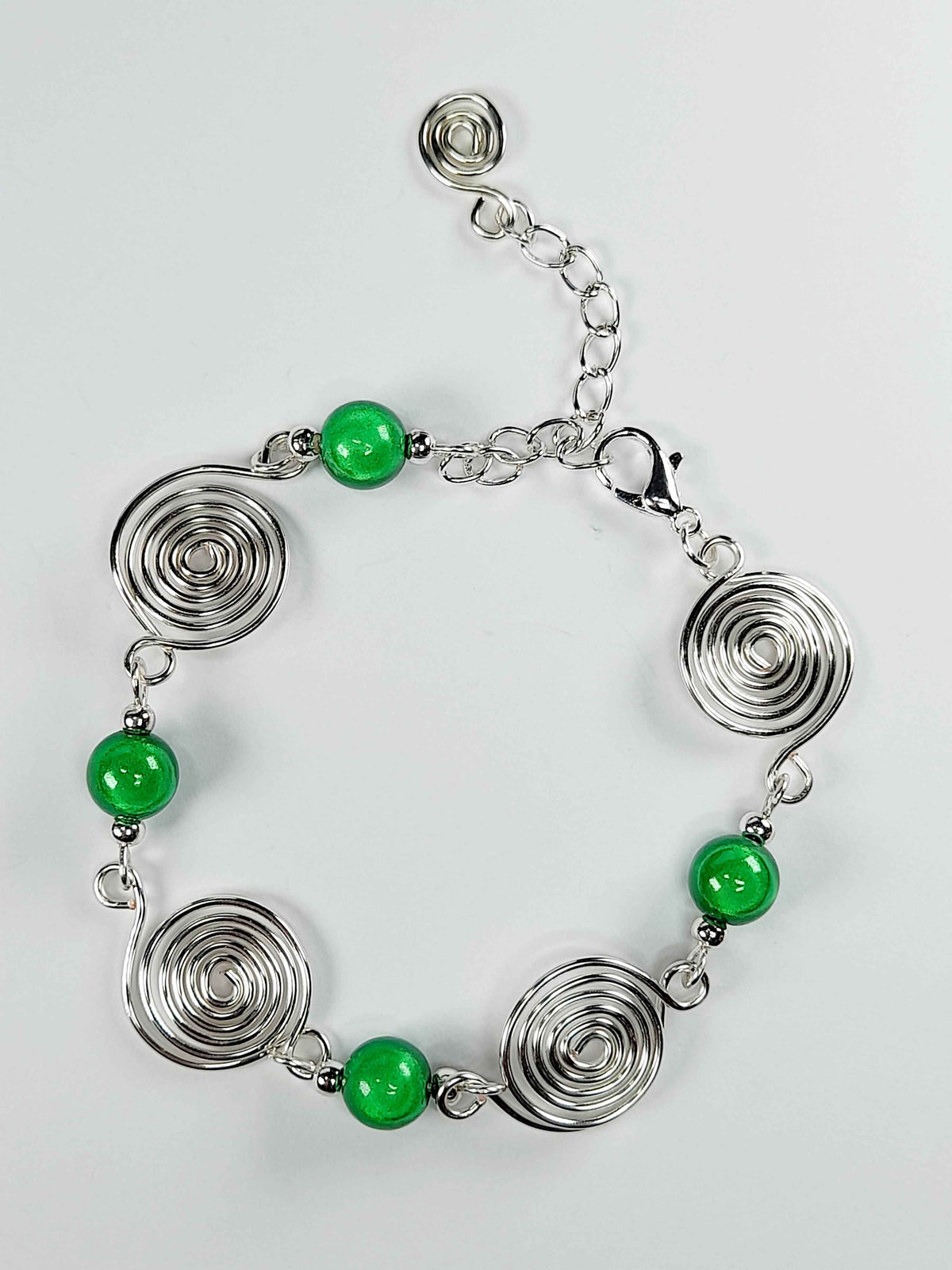 Dainty Silver Spiral & Green Bead Bracelet – Handmade Adjustable Design