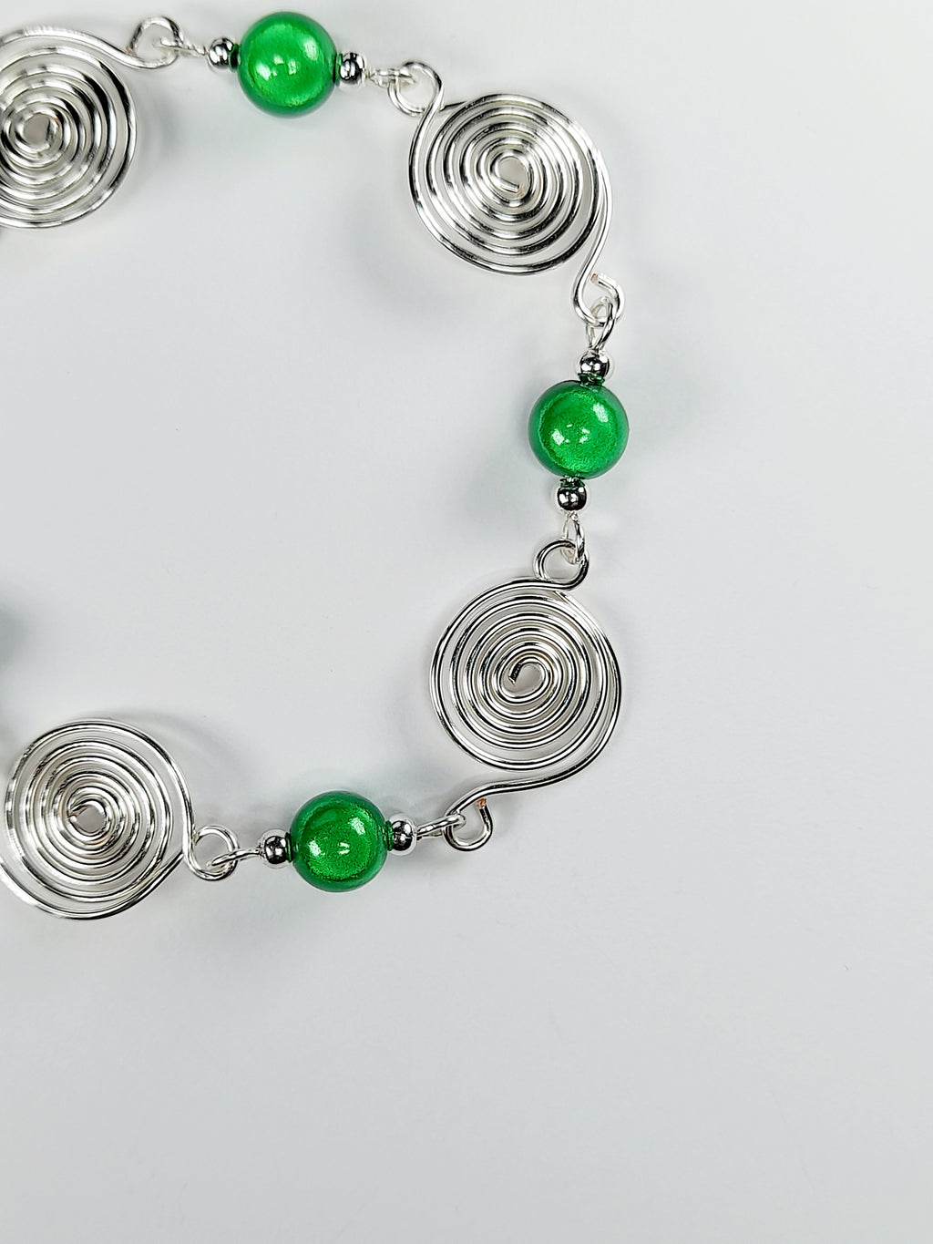 Dainty Silver Spiral & Green Bead Bracelet – Handmade Adjustable Design