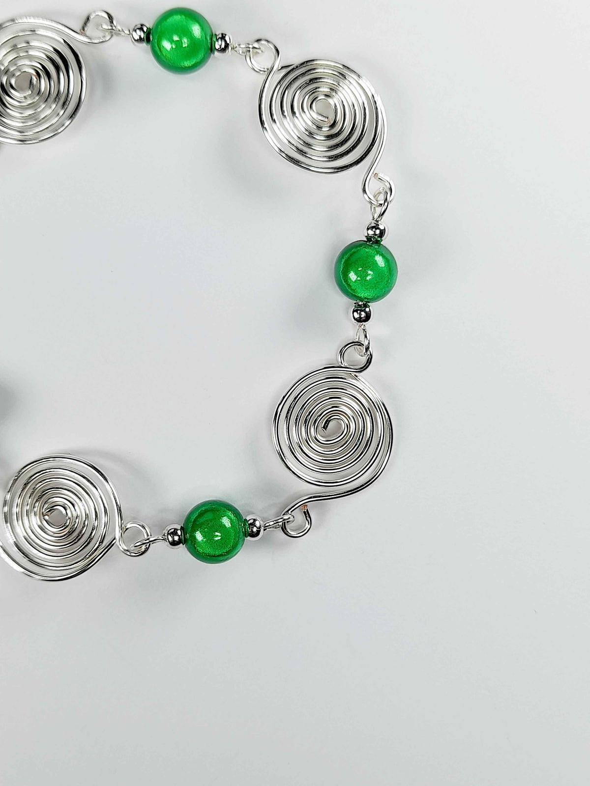 Dainty Silver Spiral & Green Bead Bracelet – Handmade Adjustable Design