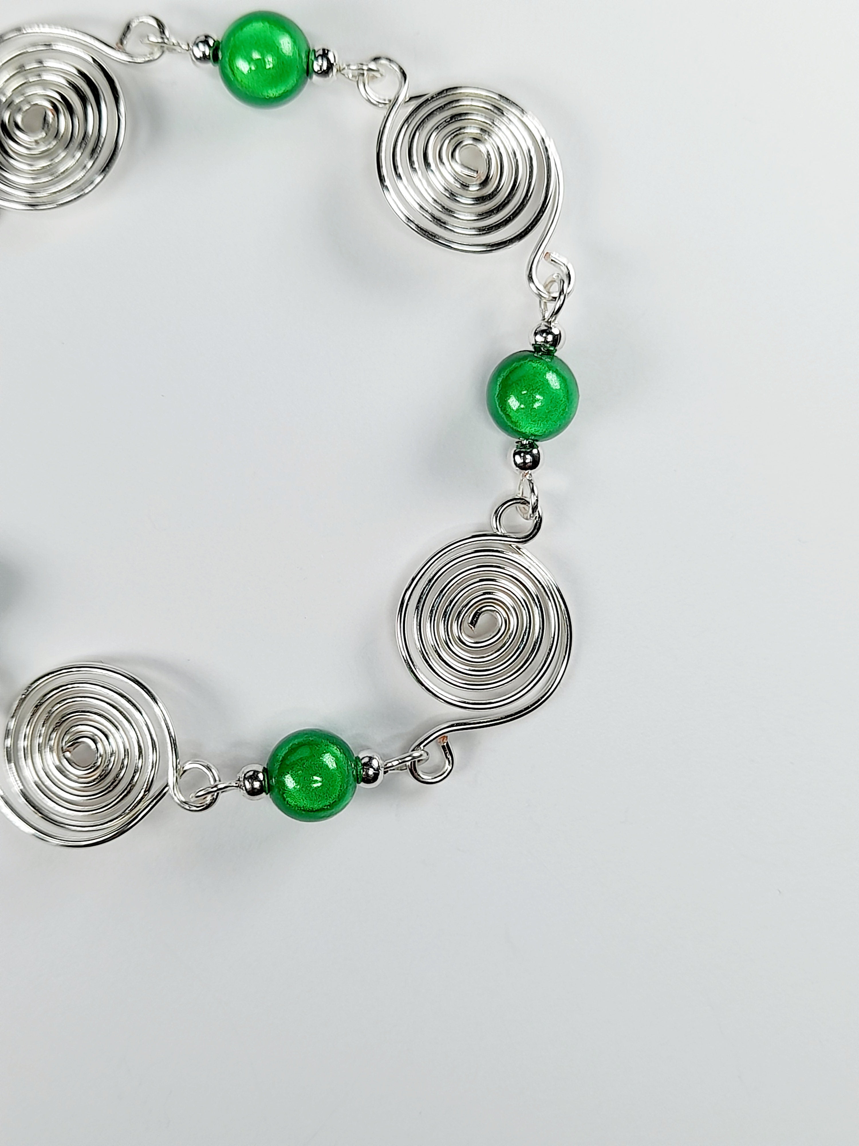 Dainty Silver Spiral & Green Bead Bracelet – Handmade Adjustable Design