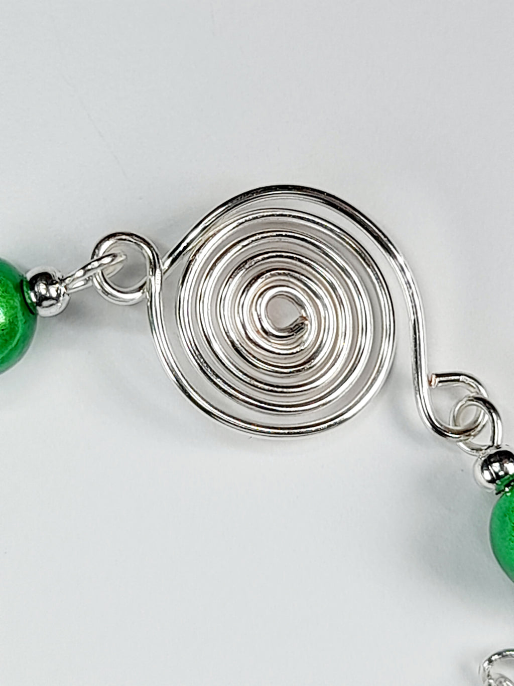 Dainty Silver Spiral & Green Bead Bracelet – Handmade Adjustable Design