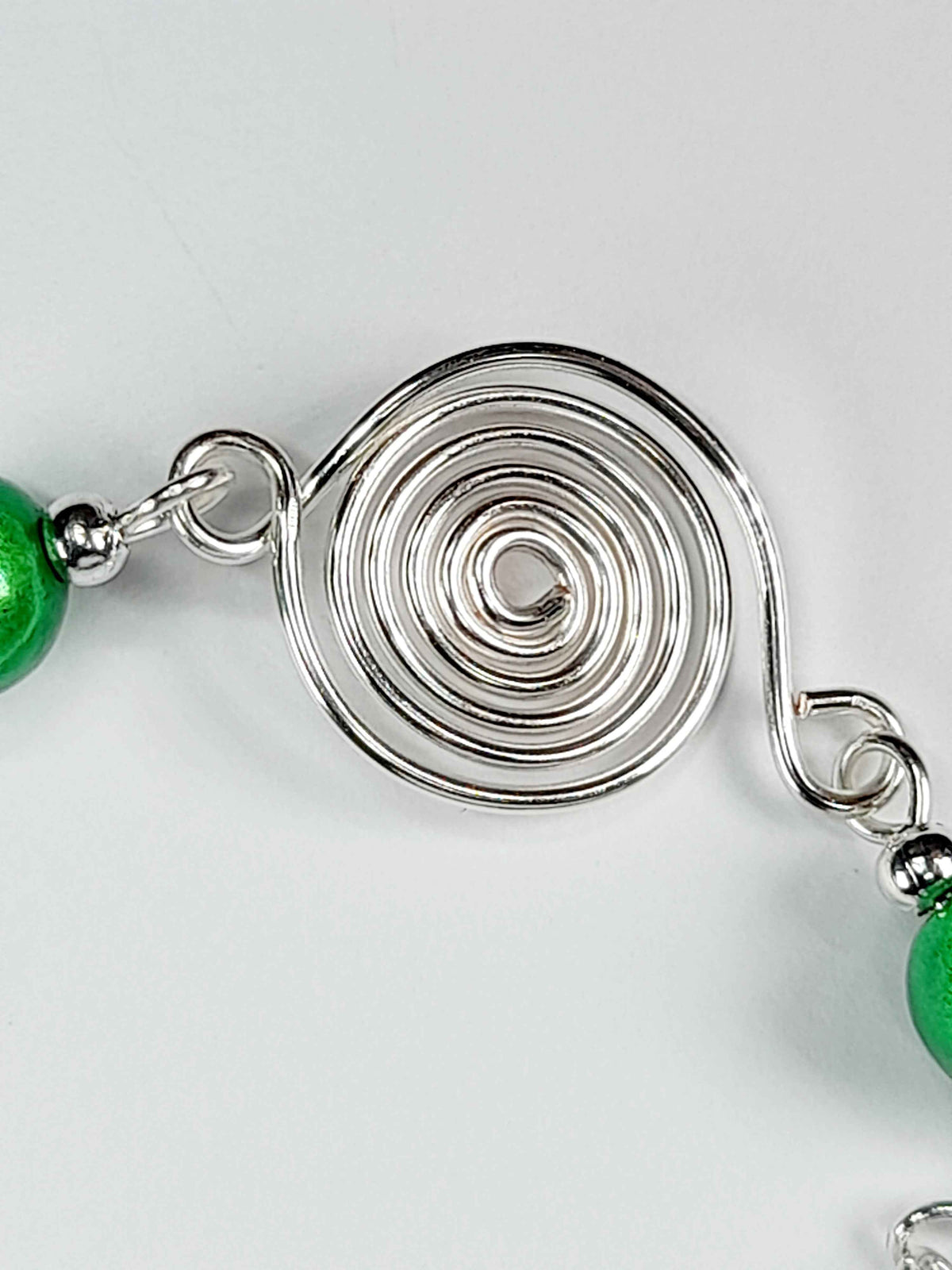 Dainty Silver Spiral & Green Bead Bracelet – Handmade Adjustable Design