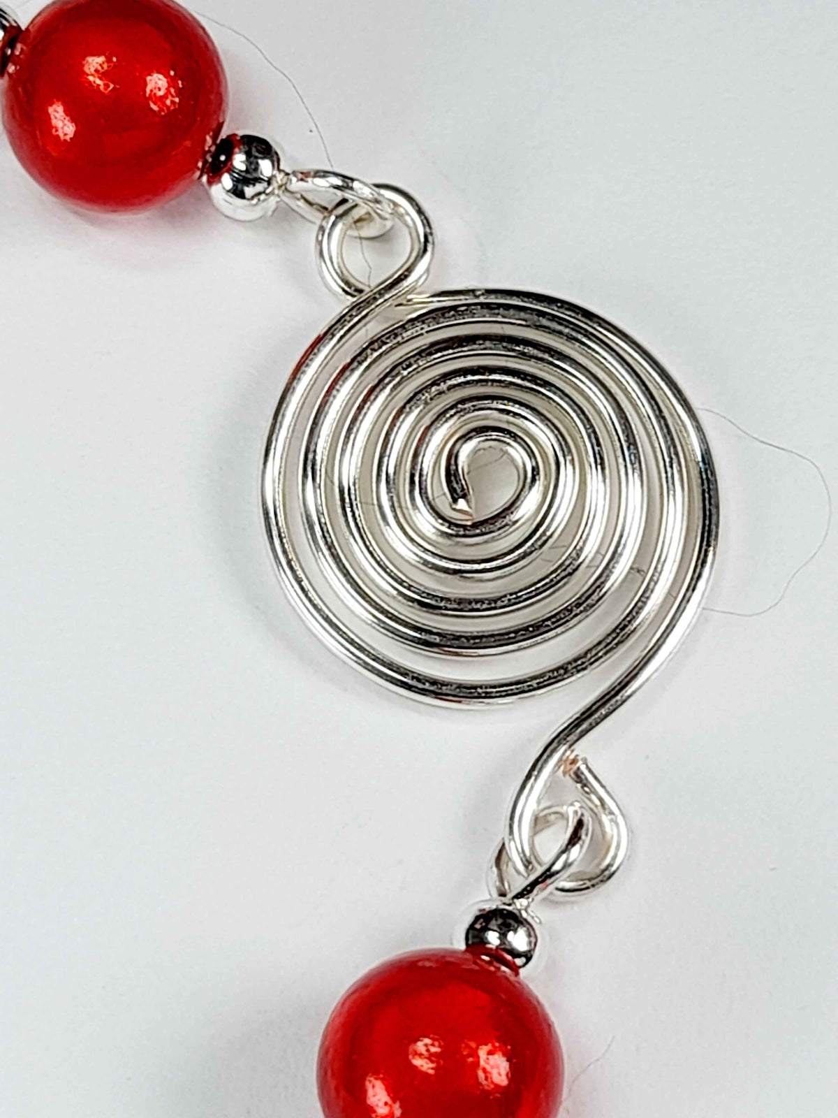 Dainty Silver Spiral & Red Bead Bracelet – Handmade Adjustable Design
