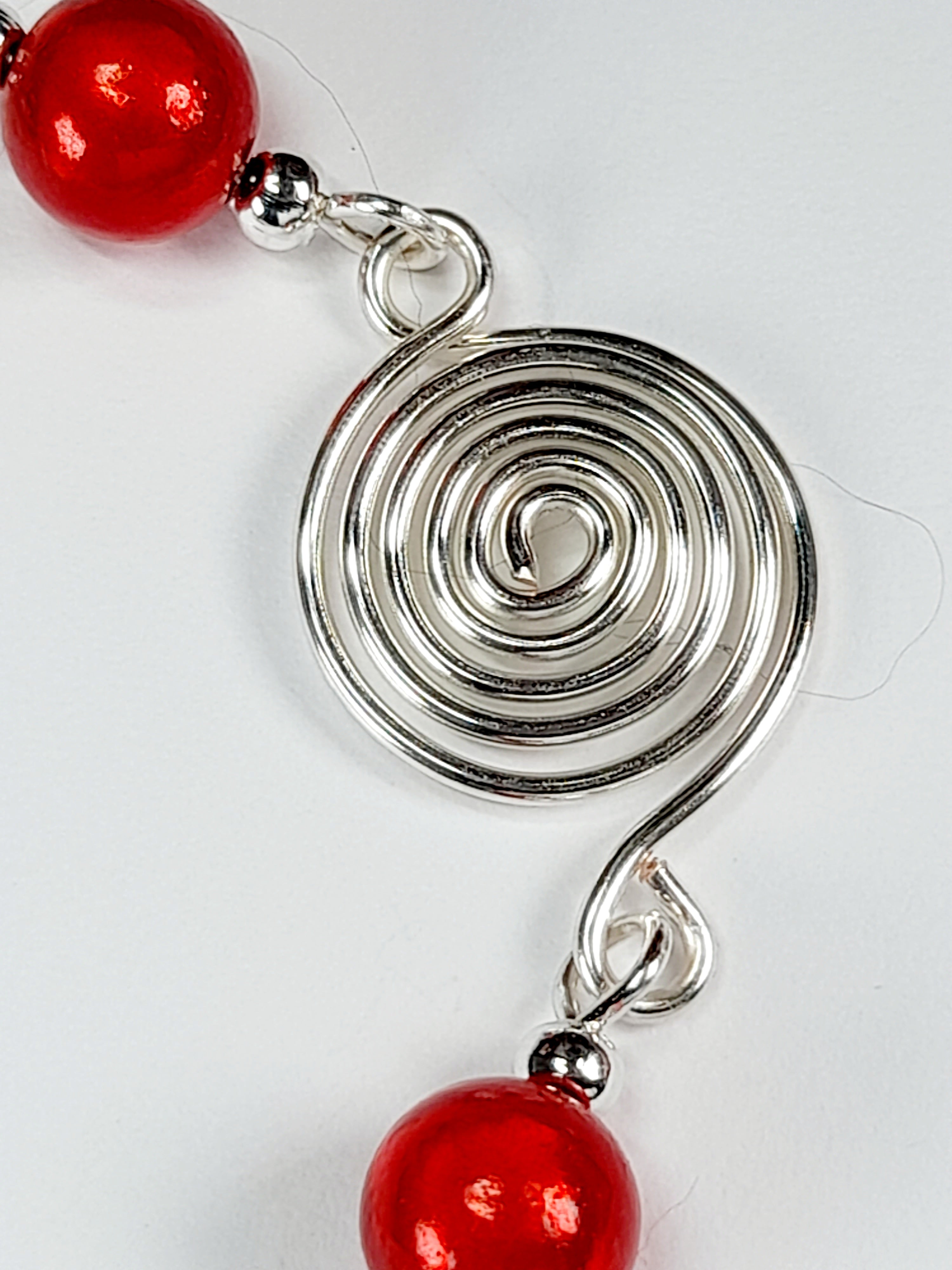 Dainty Silver Spiral & Red Bead Bracelet – Handmade Adjustable Design