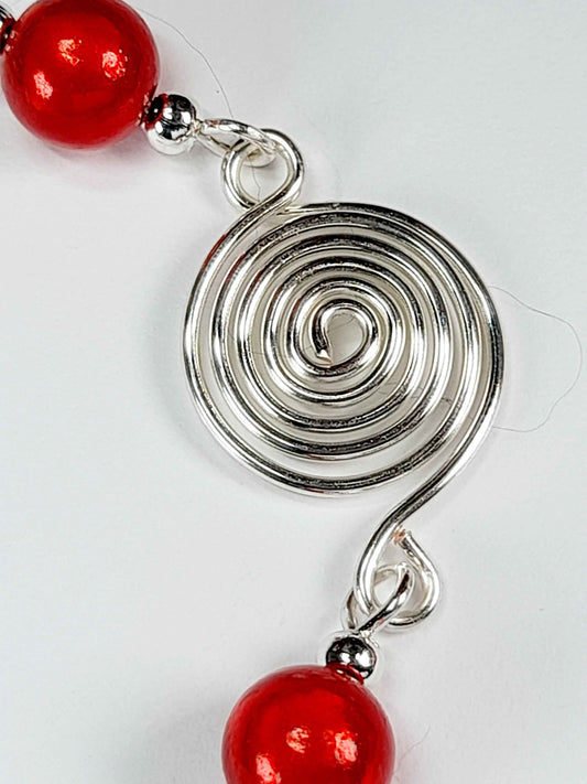 Dainty Silver Spiral & Red Bead Bracelet – Handmade Adjustable Design