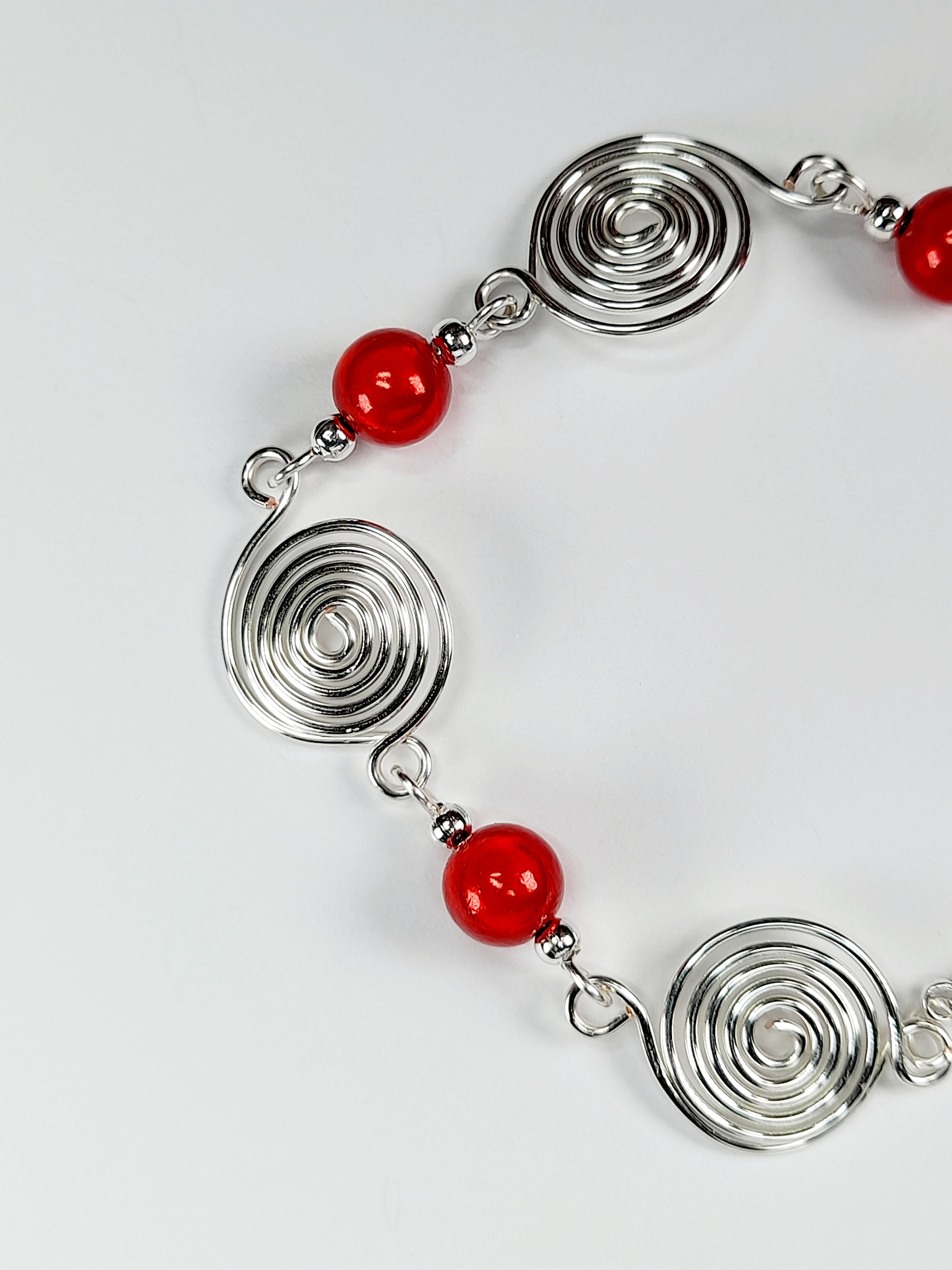 Dainty Silver Spiral & Red Bead Bracelet – Handmade Adjustable Design