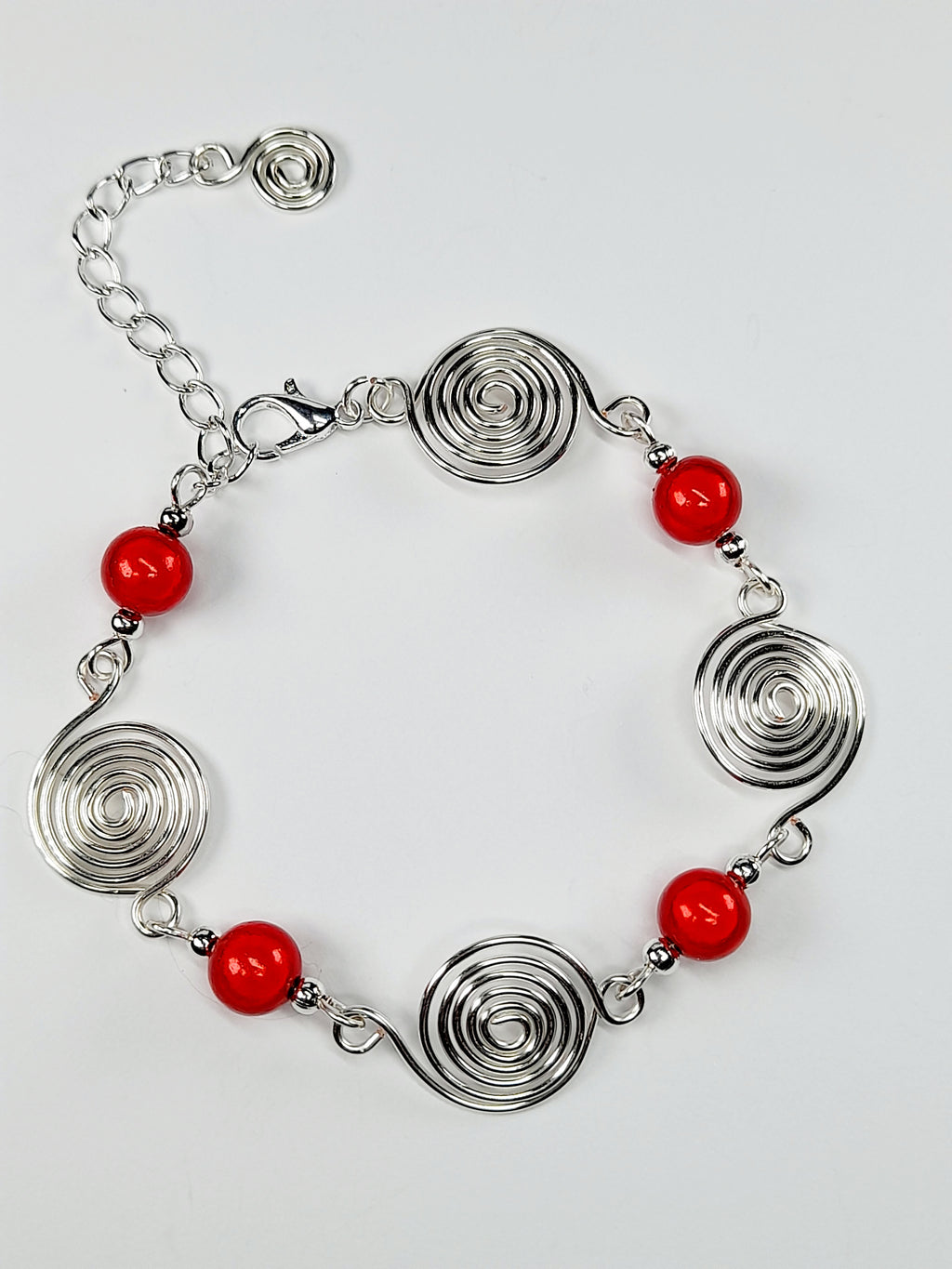 Dainty Silver Spiral & Red Bead Bracelet – Handmade Adjustable Design
