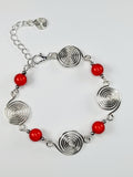 Dainty Silver Spiral & Red Bead Bracelet – Handmade Adjustable Design