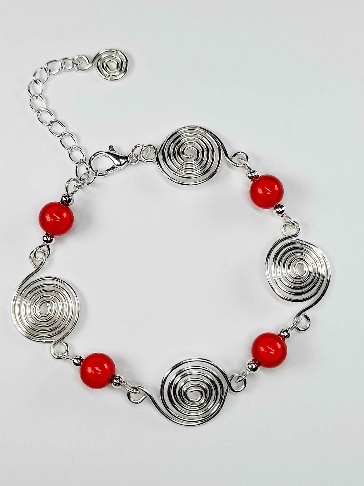 Dainty Silver Spiral & Red Bead Bracelet – Handmade Adjustable Design