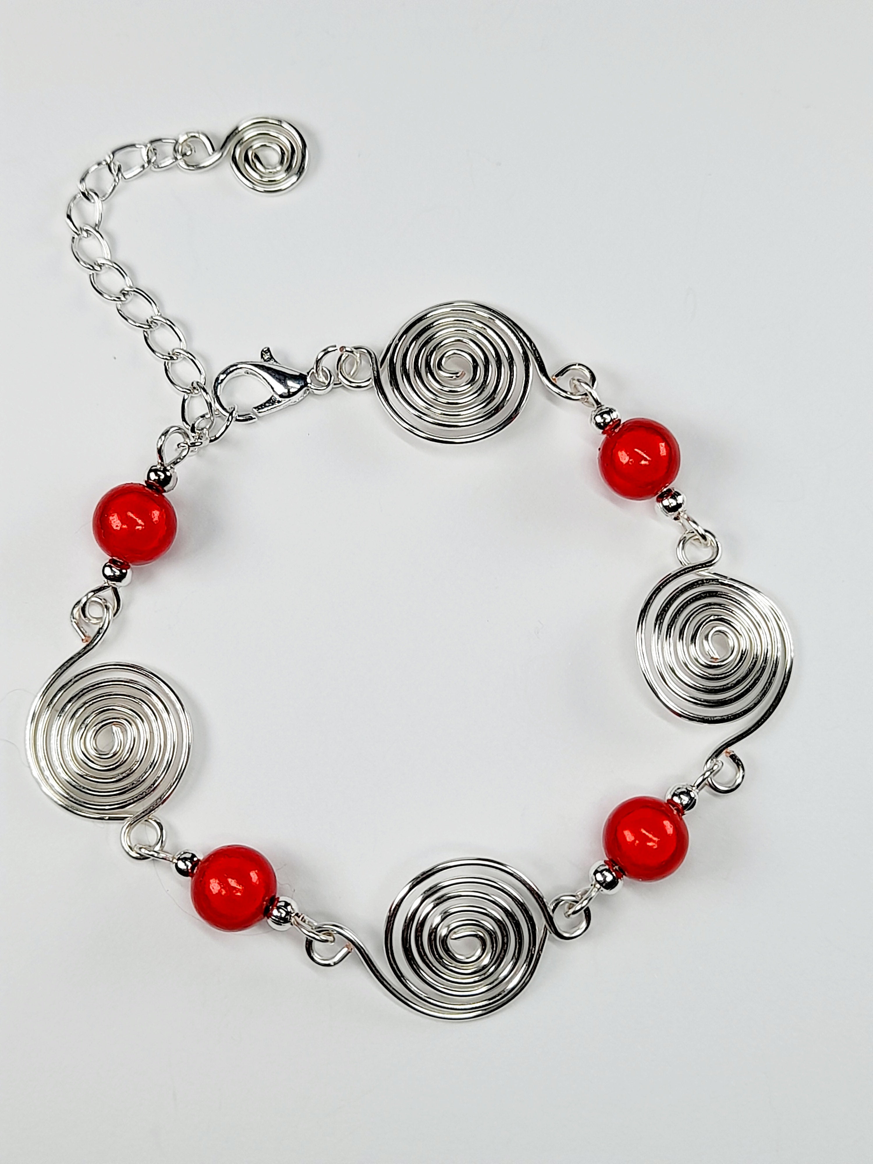Dainty Silver Spiral & Red Bead Bracelet – Handmade Adjustable Design