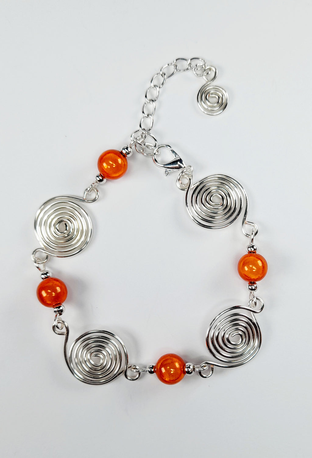 Dainty Silver Spiral & Orange Bead Bracelet – Handmade Adjustable Design