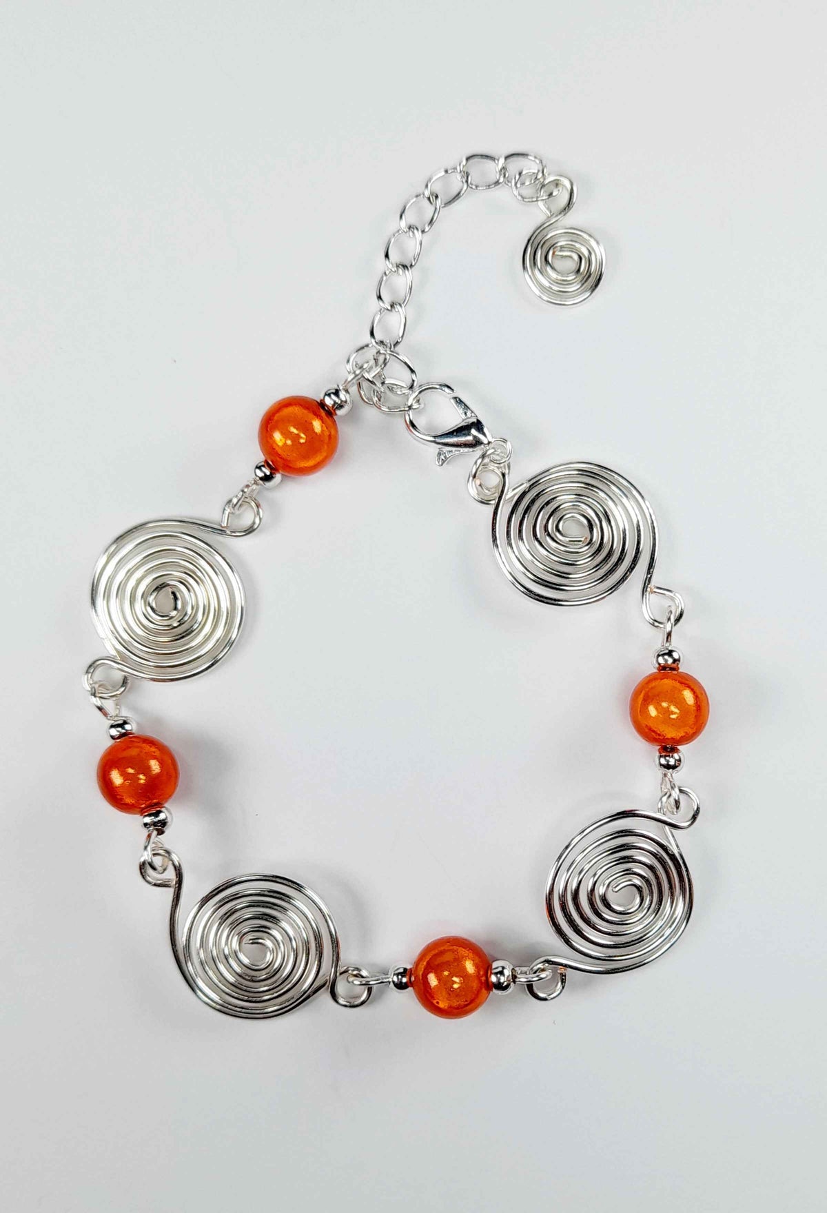 Dainty Silver Spiral & Orange Bead Bracelet – Handmade Adjustable Design