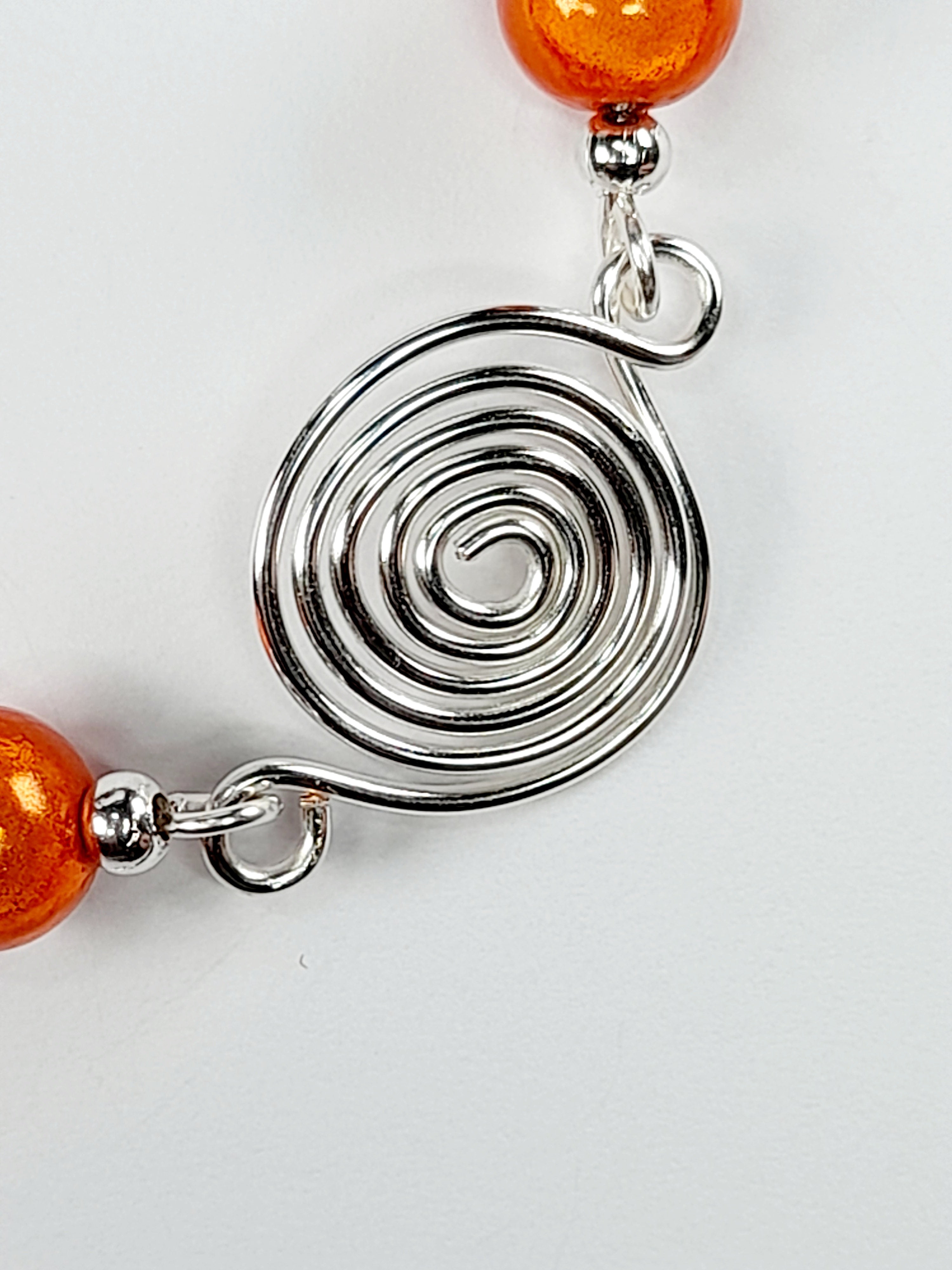 Dainty Silver Spiral & Orange Bead Bracelet – Handmade Adjustable Design