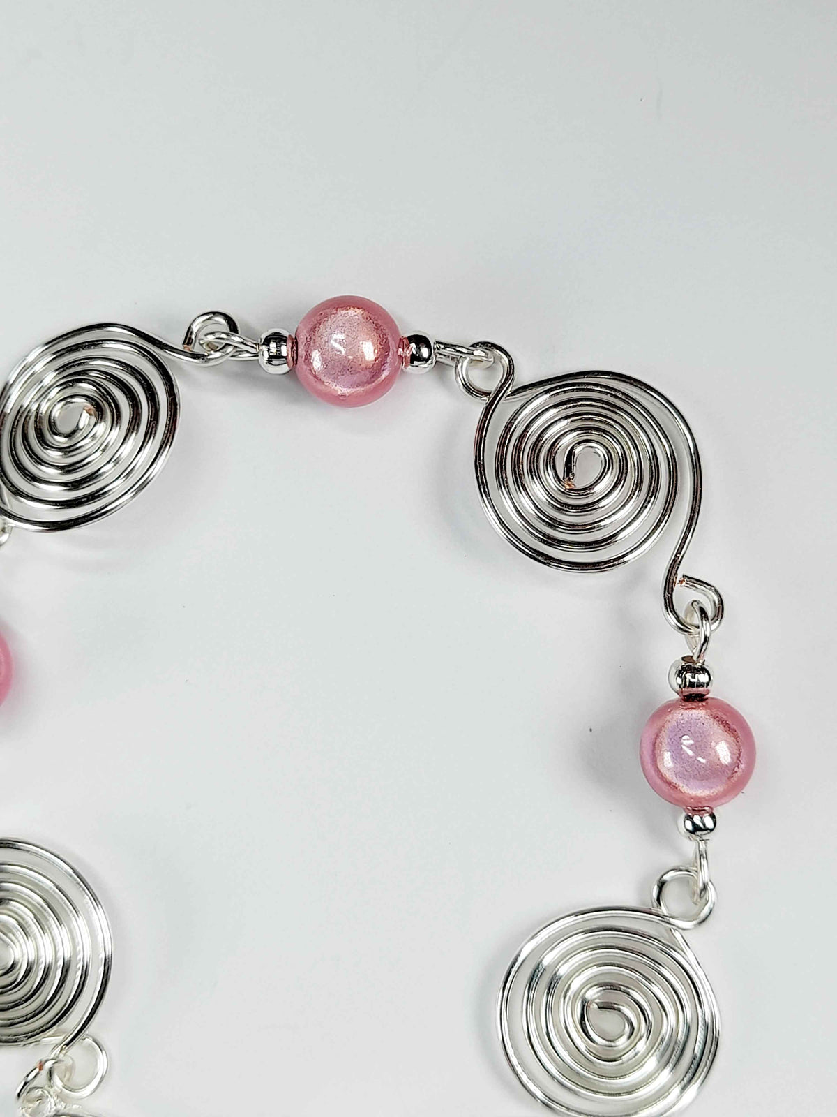 Dainty Silver Spiral & Pale Pink Bead Bracelet – Handmade Adjustable Design
