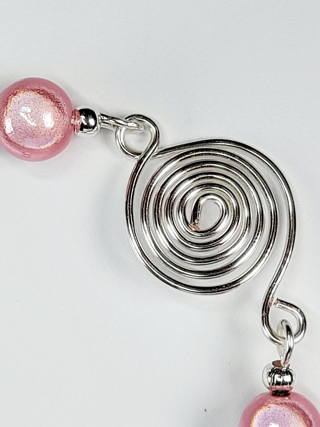 Dainty Silver Spiral & Pale Pink Bead Bracelet – Handmade Adjustable Design