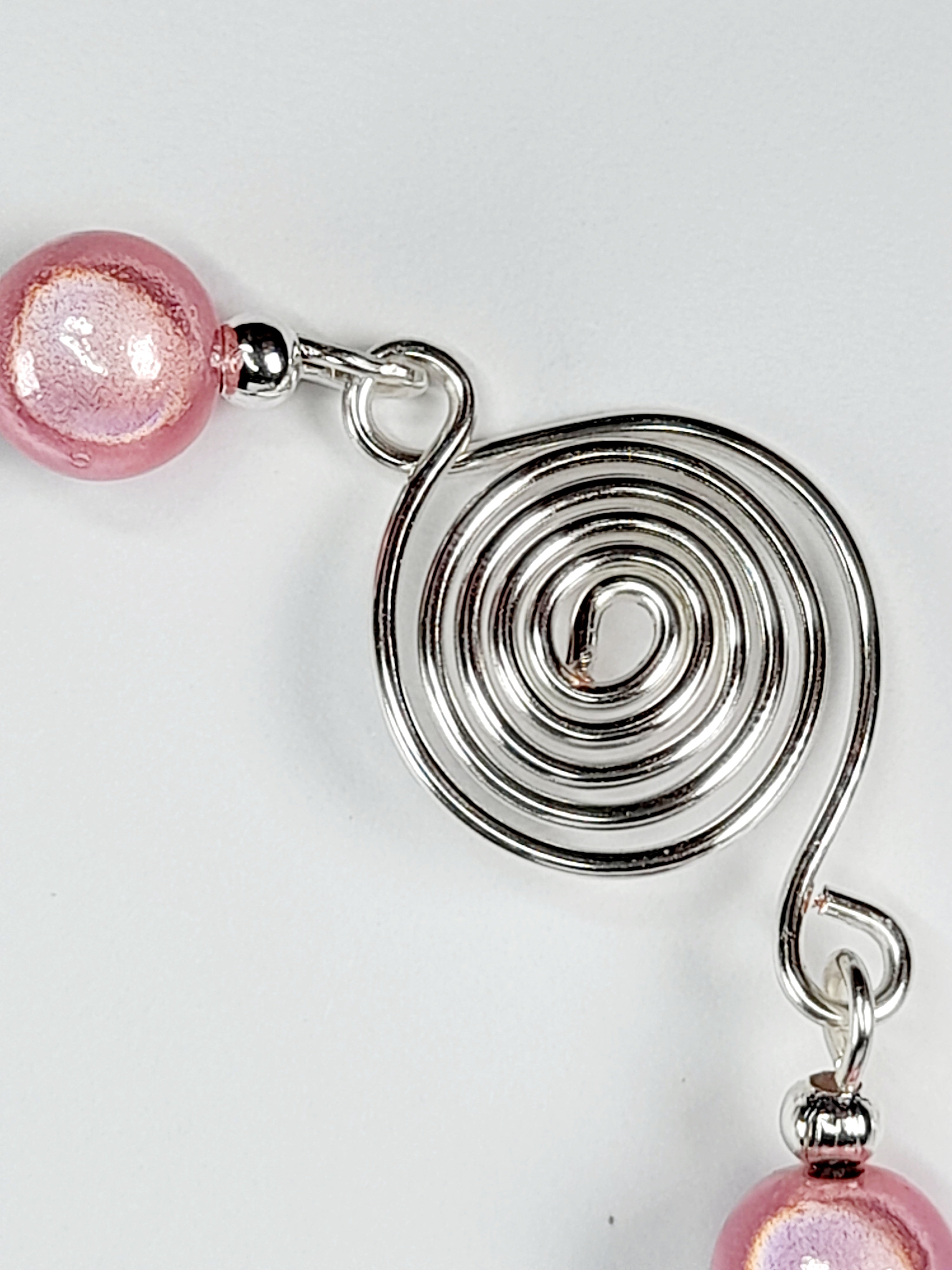 Dainty Silver Spiral & Pale Pink Bead Bracelet – Handmade Adjustable Design