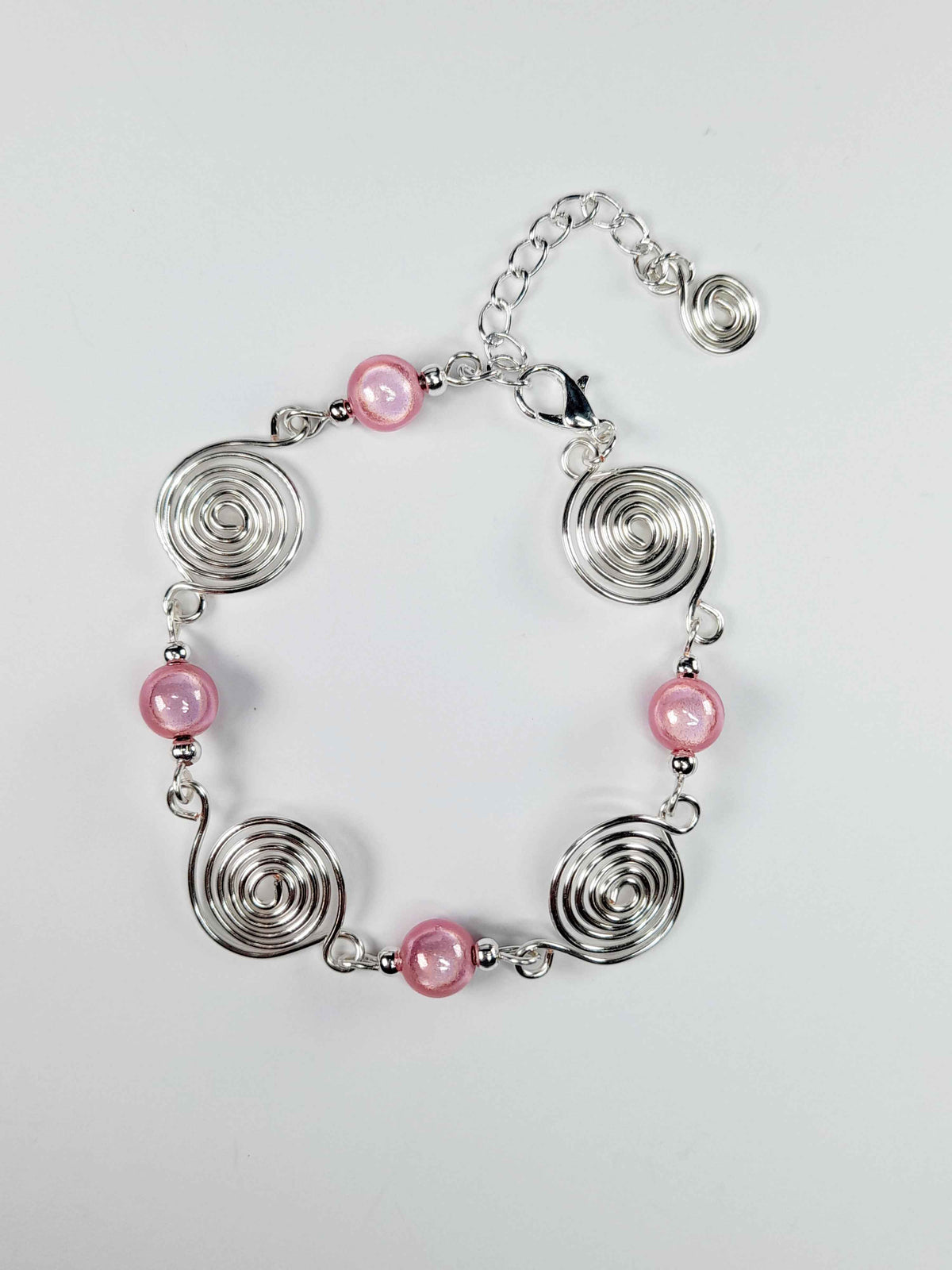 Dainty Silver Spiral & Pale Pink Bead Bracelet – Handmade Adjustable Design