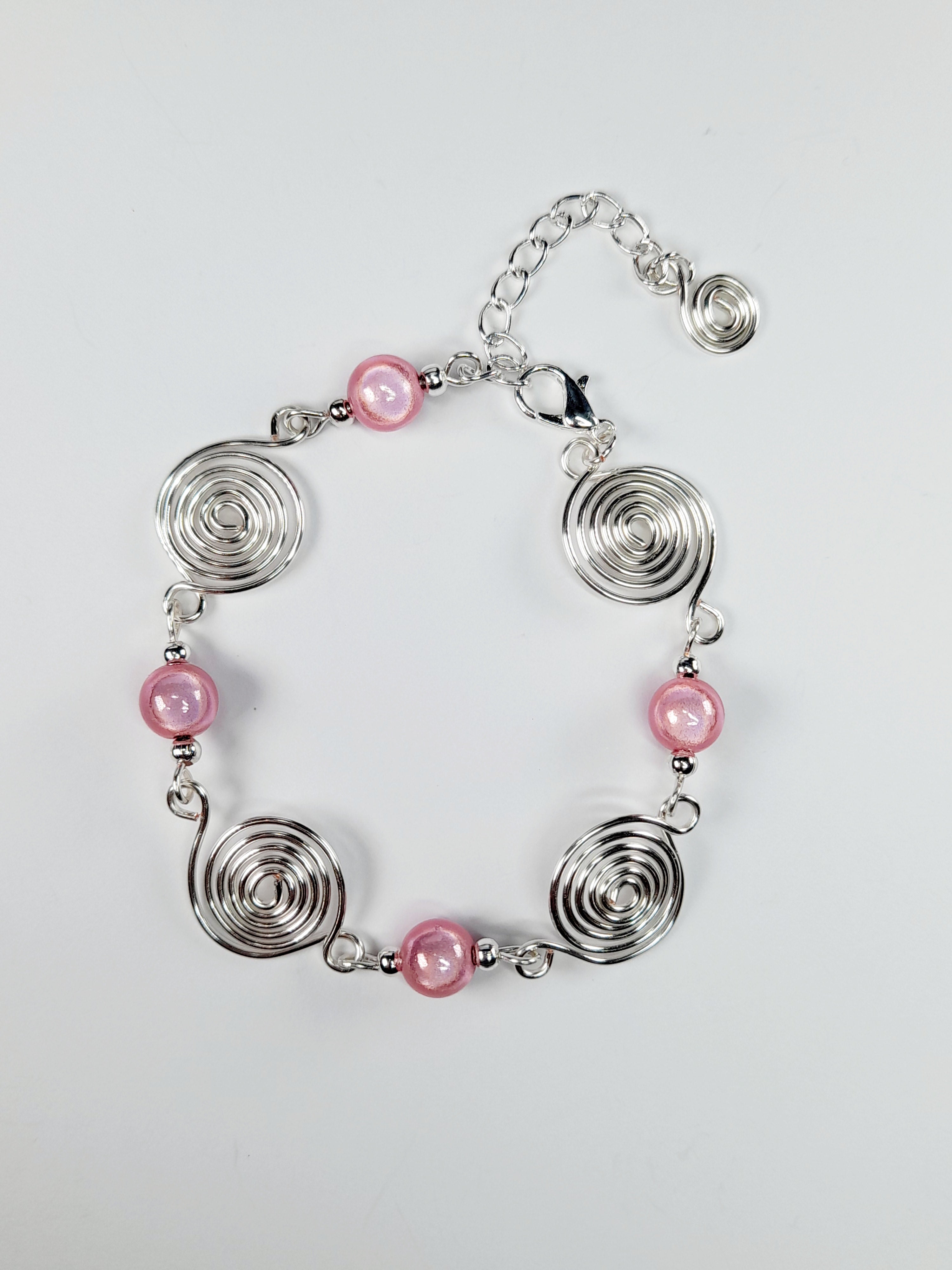 Dainty Silver Spiral & Pale Pink Bead Bracelet – Handmade Adjustable Design
