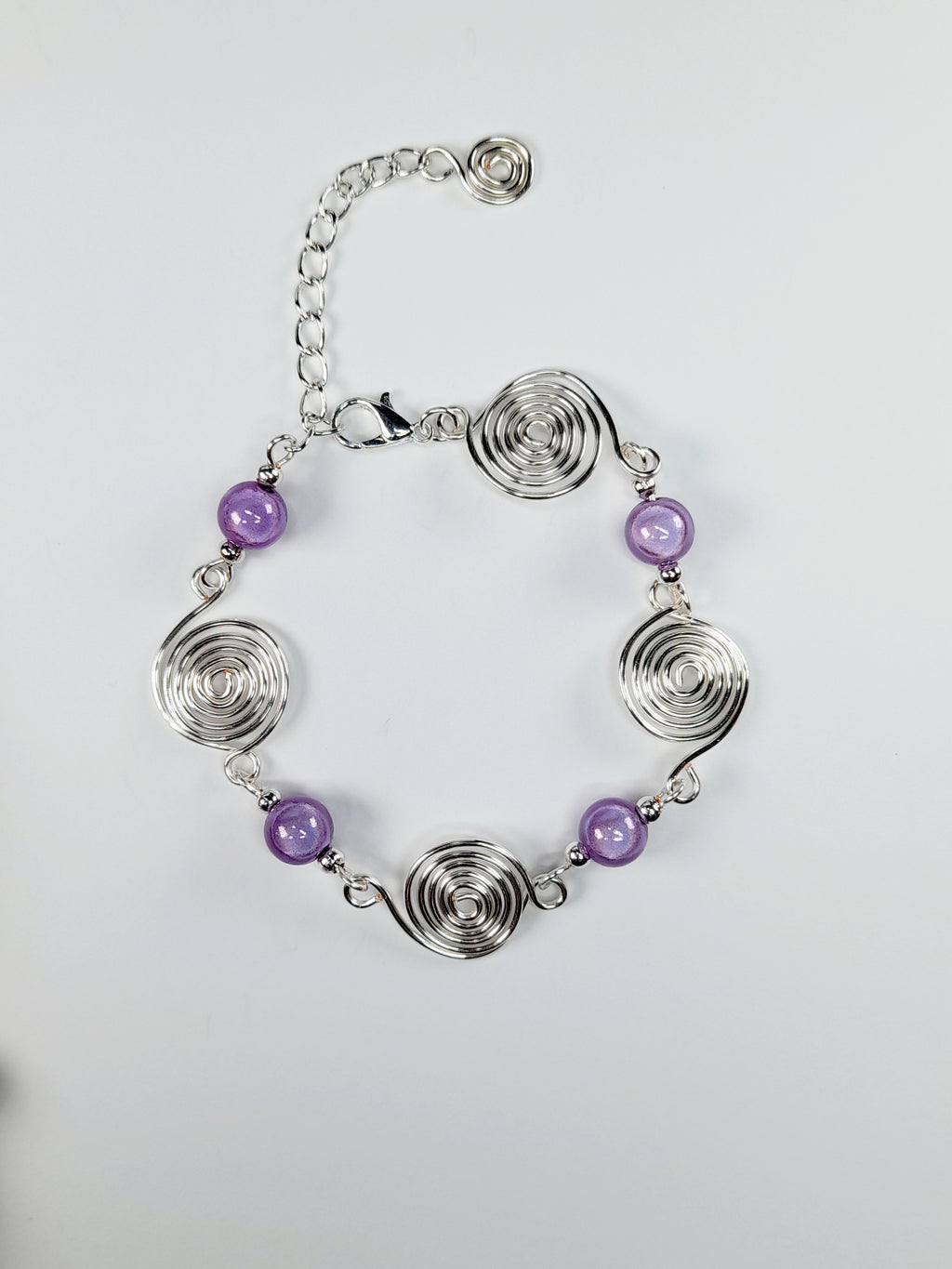 Dainty Silver Spiral & Lilac Bead Bracelet – Handmade Adjustable Design