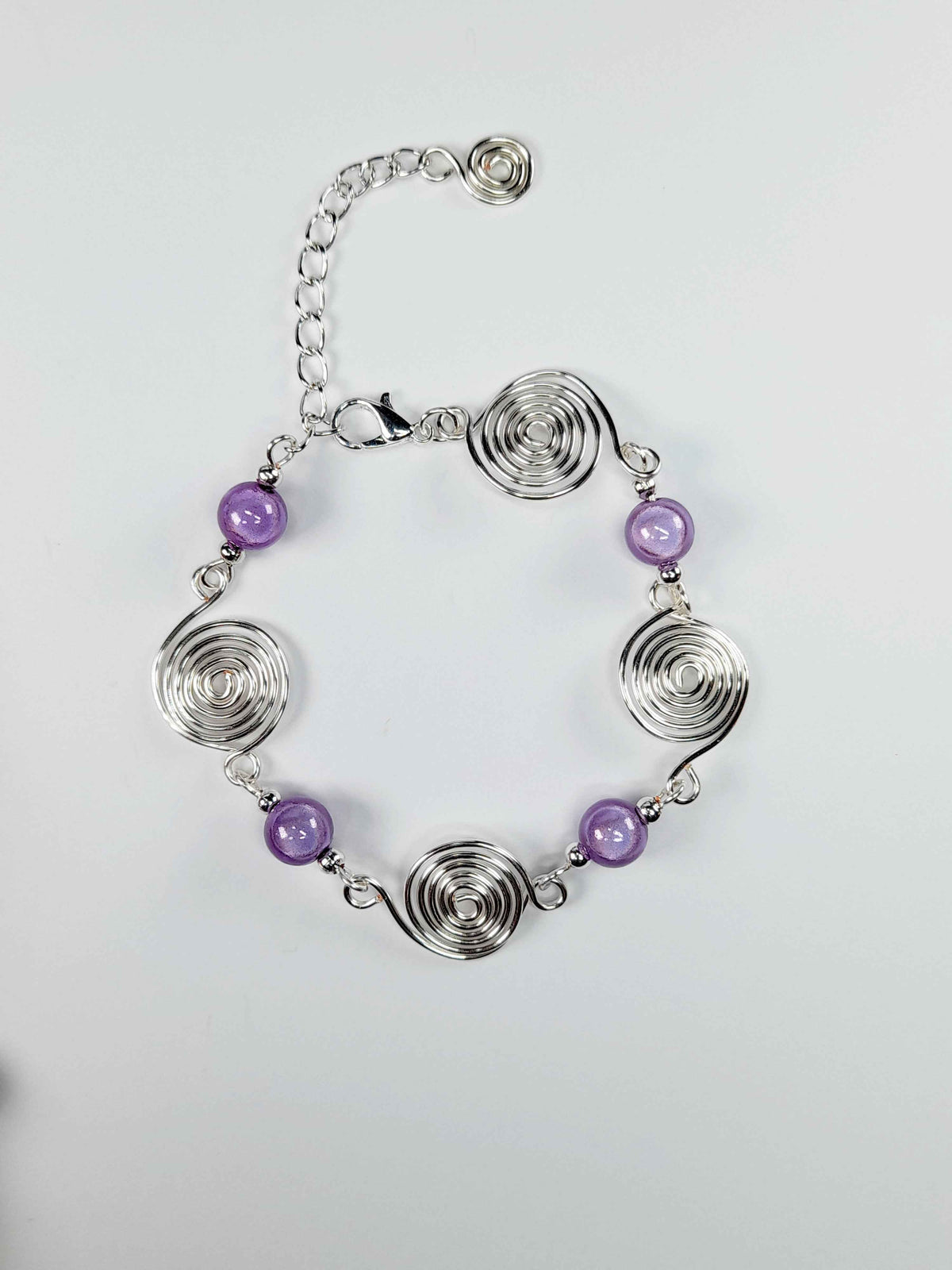 Dainty Silver Spiral & Lilac Bead Bracelet – Handmade Adjustable Design